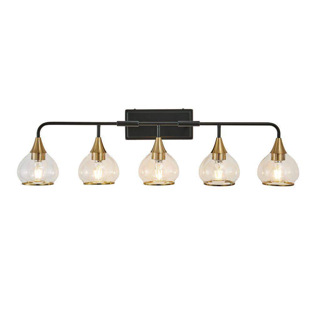 Left. Kadyn - 40" Modern 5-Light Vanity Wall Sconce - Black and Gold Bathroom Light Fixture with Clear Glass Shades, Black Gold - Gold.