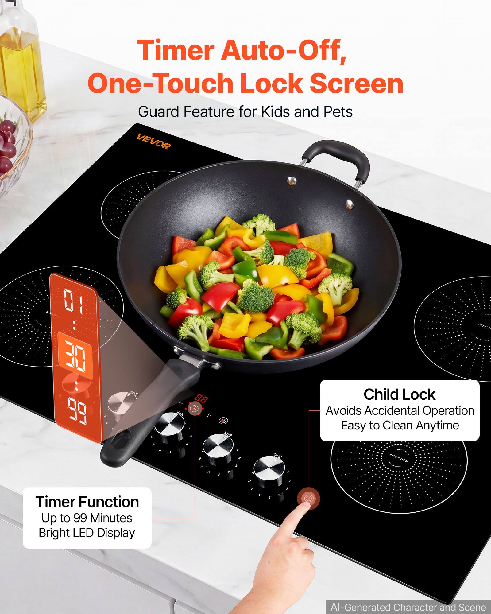 Timer Auto-Off, One-Touch Lock Screen Guard Feature for Kids and Pets

Child Lock Avoids Accidental Operation Easy to Clean Anytime

Timer Function Up to 99 Minutes Bright LED Display

AI-Generated Character and Scene
