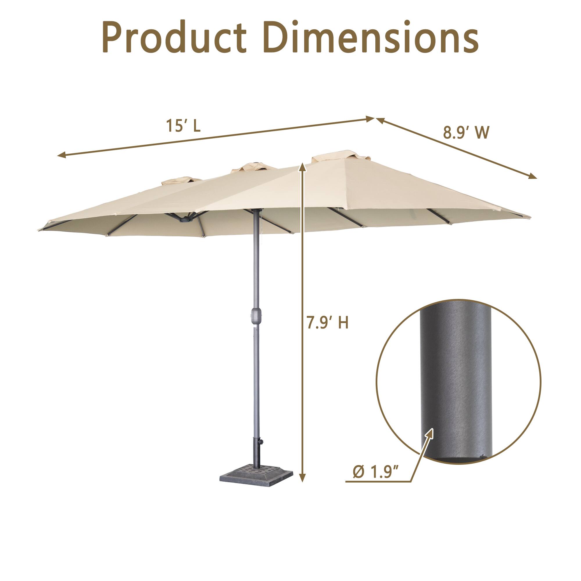 Product Dimensions

15' L  
8.9' W  
7.9' H  
1.9"