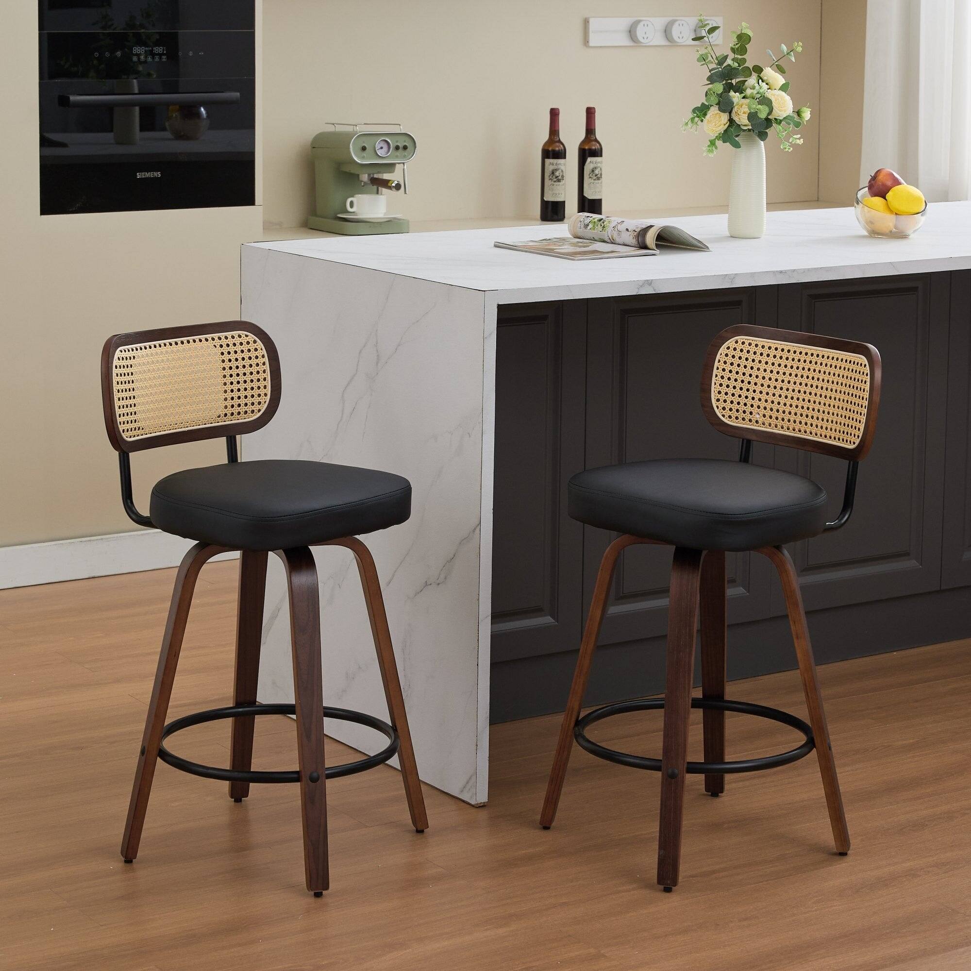 Back. Boyel Living - 26 Inch Swivel Counter Height Bar Stools Set of 2 with Walnut Bentwood Legs - Black.