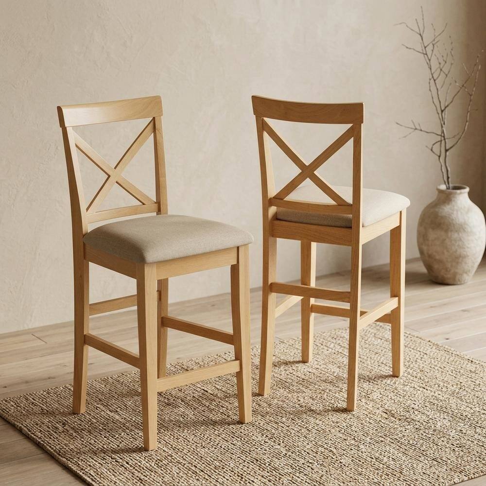 Alt View 3. FurniFact - Solid Wood X-Back Counter Stools Set of 2 with Microfiber Seat - Oak.