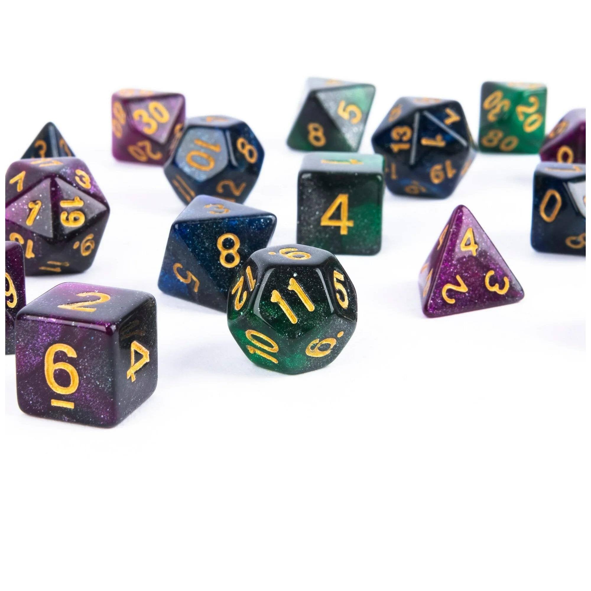Back. SpinMaster Games - Spin Master Games Campaign Dice, 3 Dice Sets with Storage Pouch for Dungeons & Dragons, Magic the Gathering & RPG games - Jewel-toned purple, blue, and green.