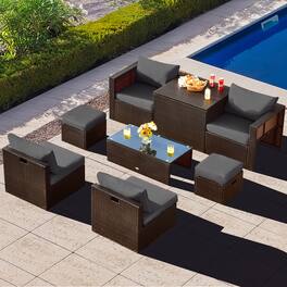 Gymax - 8PCS Patio Rattan PE Wicker Conversation Set All-Weather Furniture Set w/ Cushions Grey - Gray