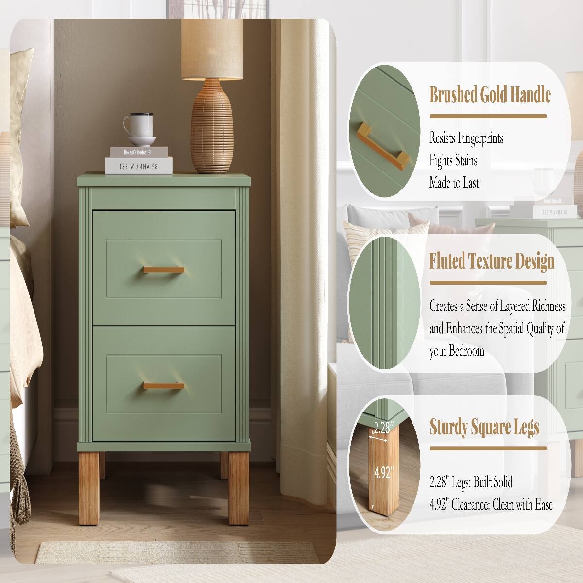 Brushed Gold Handle  
Resists Fingerprints  
Fights Stains  
Made to Last  

Fluted Texture Design  
Creates a Sense of Layered Richness and Enhances the Spatial Quality of your Bedroom  

Sturdy Square Legs  
2.28" Legs: Built Solid  
4.92" Clearance: Clean with Ease