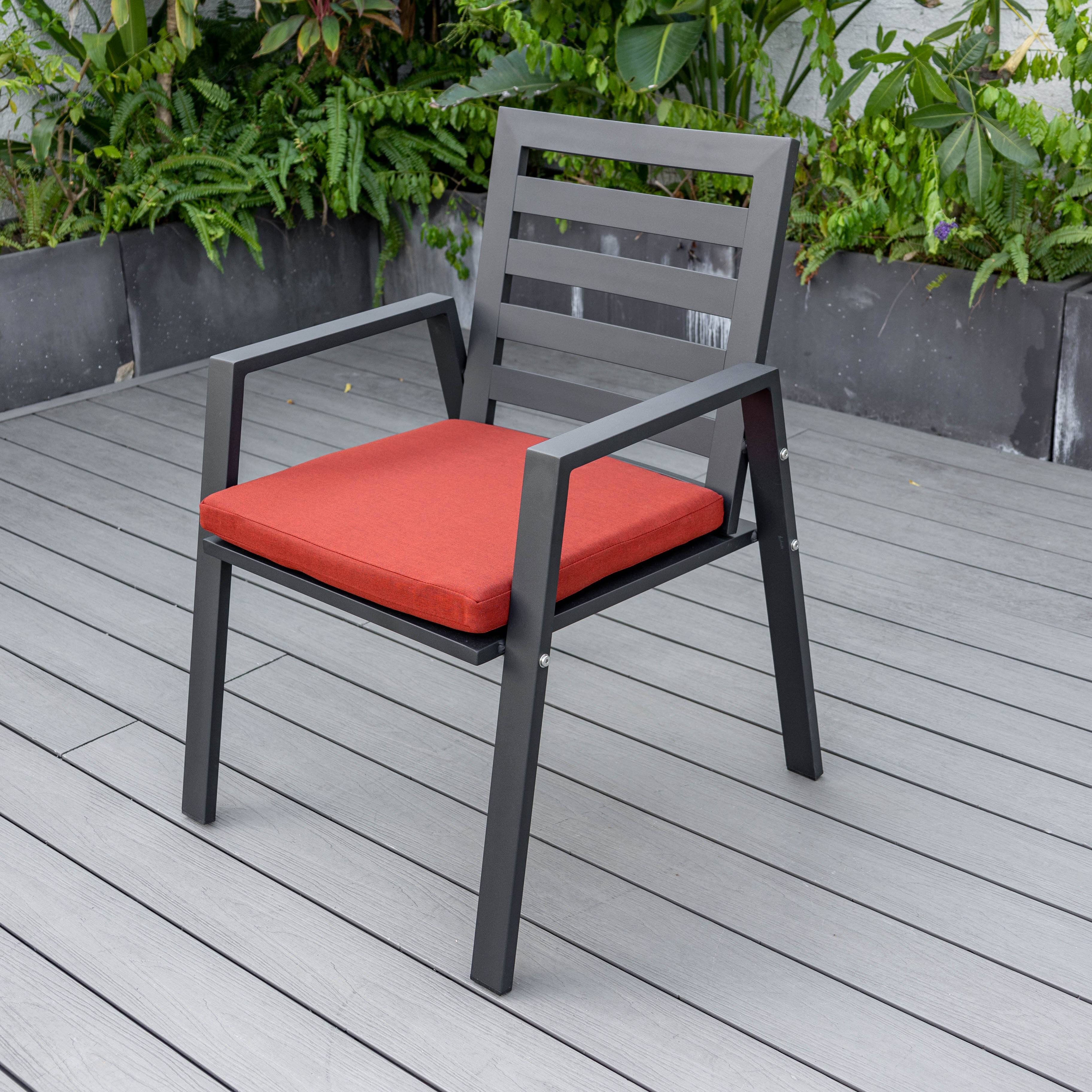 Back. LeisureMod - Chelsea Mid-Century Modern Patio Dining Armchair with Weather-Resistant Olefin Cushion - Aluminum - Cherry Red.