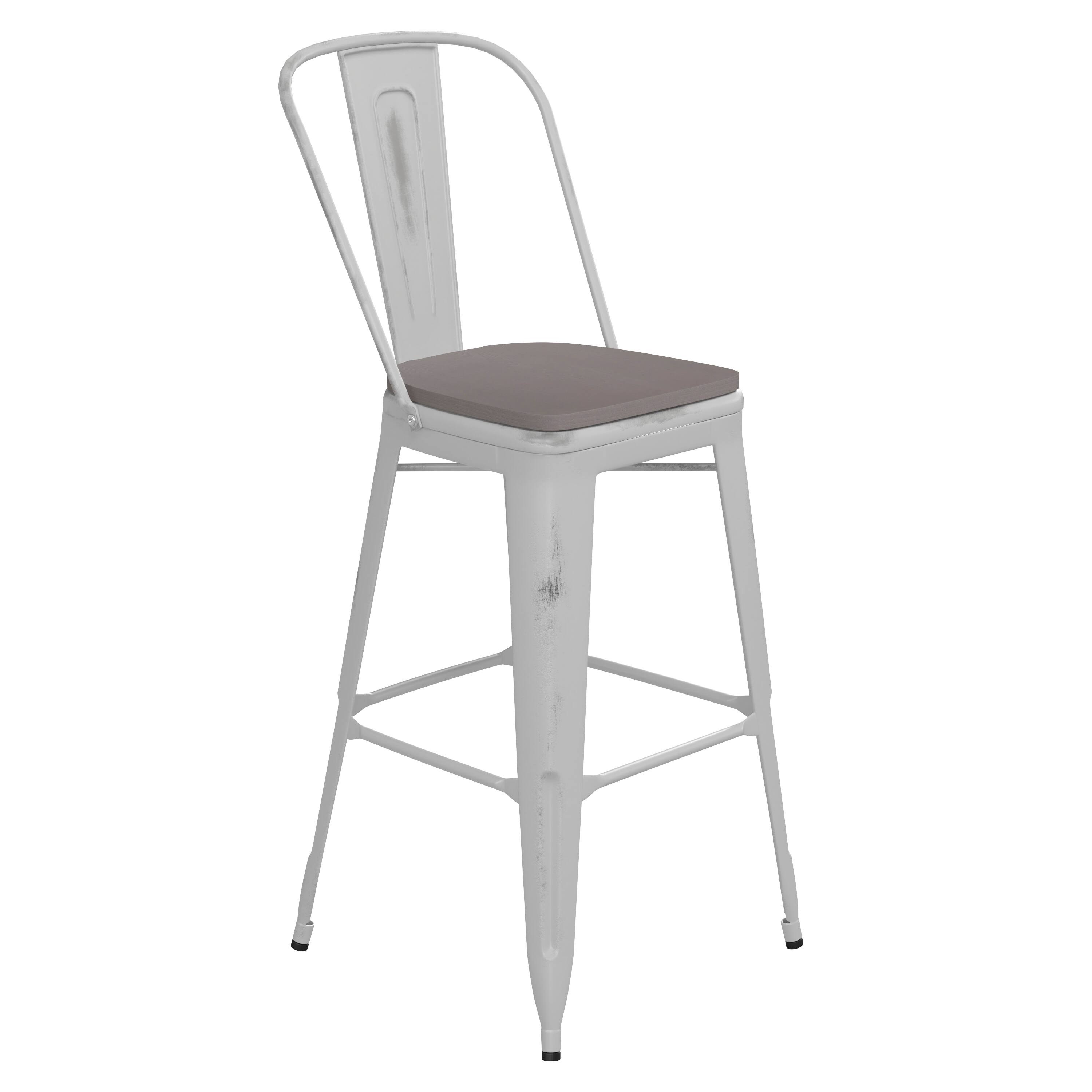 Front. Emma + Oliver - Nova Distressed Metal Stools with Backs and Polystyrene Seats for Indoor/Outdoor Use - Gray Seat/White Frame.