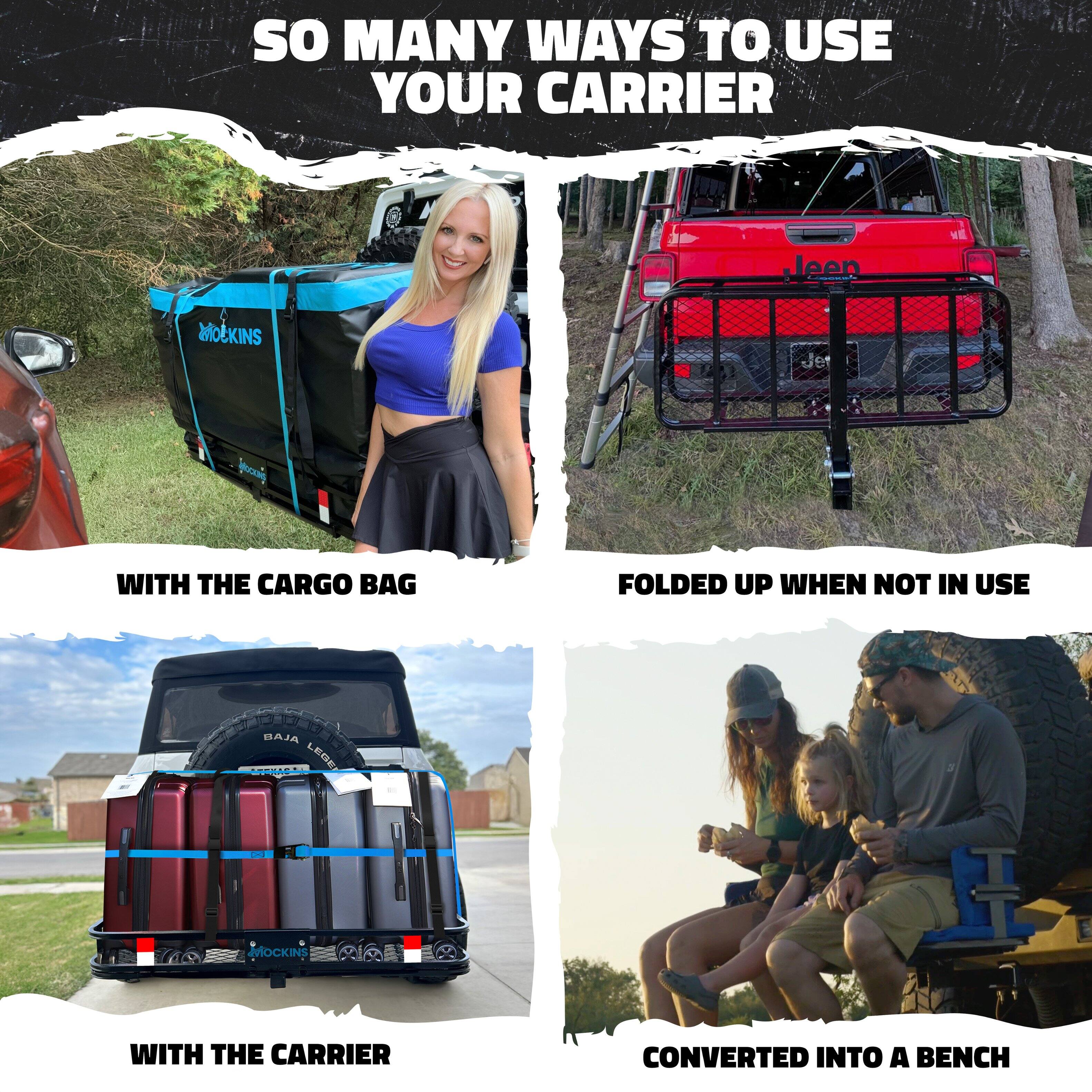 SO MANY WAYS TO USE YOUR CARRIER

WITH THE CARGO BAG

FOLDED UP WHEN NOT IN USE

WITH THE CARRIER

CONVERTED INTO A BENCH