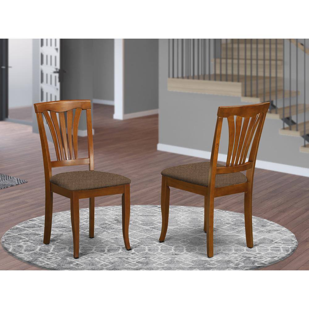 Angle. East West Furniture - AVC-SBR-C Avon Chair for dining room with Linen Fabric Seat - Saddle Brow Finish - Saddle Brown.