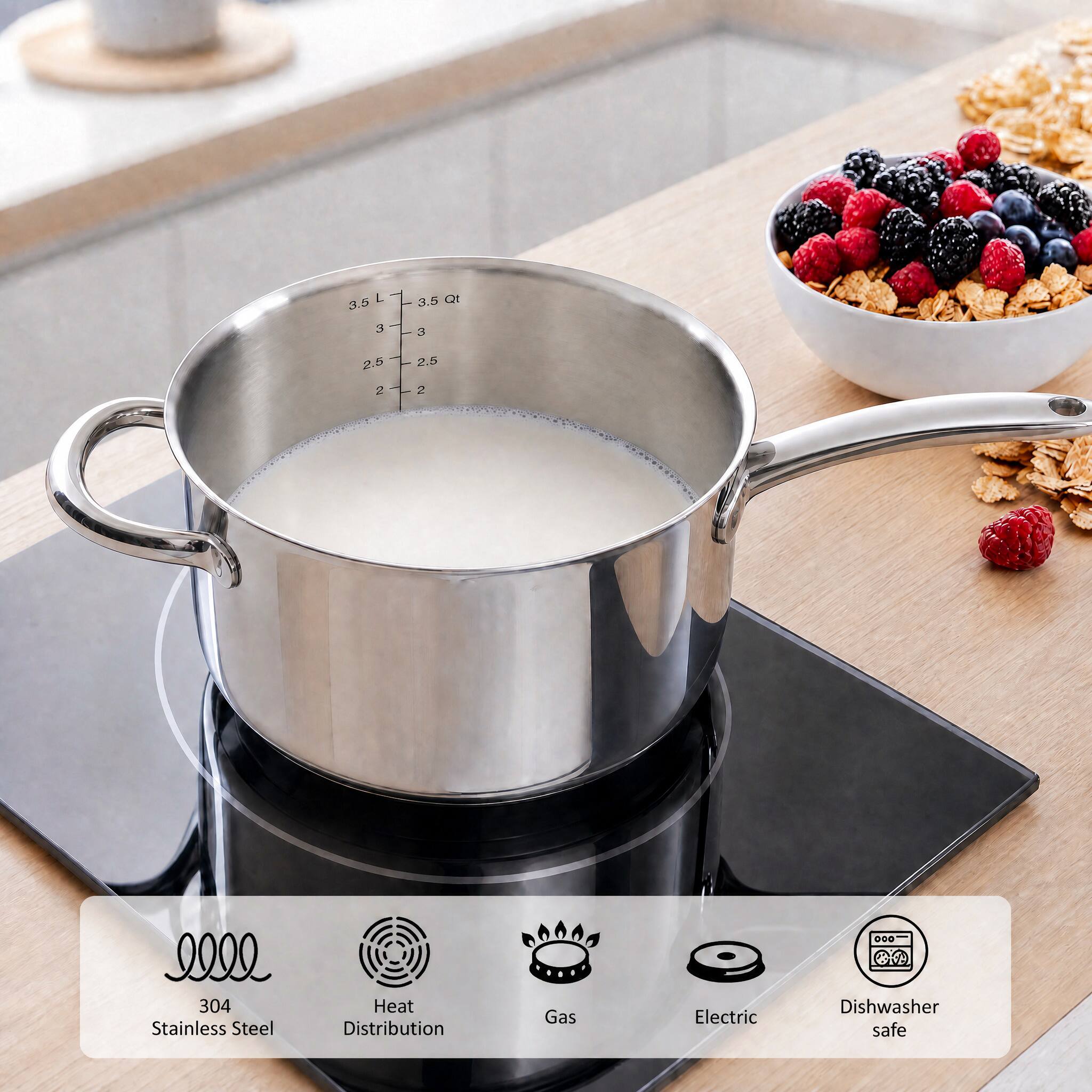 3.5 L / 3.5 Qt  
3  
2.5 / 2.5  
2  

304 Stainless Steel  
Heat Distribution  
Gas / Electric  
Dishwasher safe