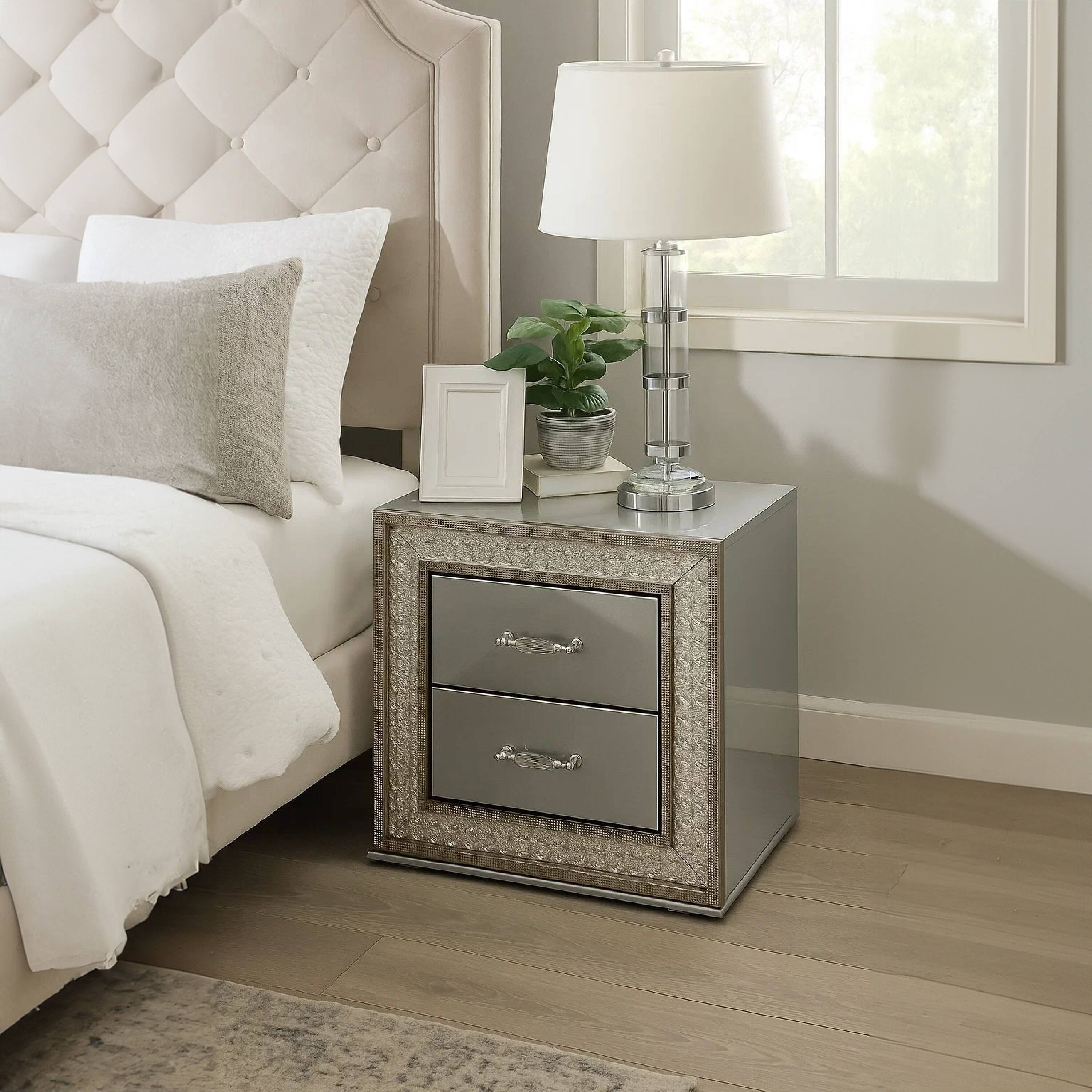 Alt View 5. Manhattan Lane - Cyl Nightstand with 2 Drawers, Scale Molding Trim - Metallic Gray, Silver.