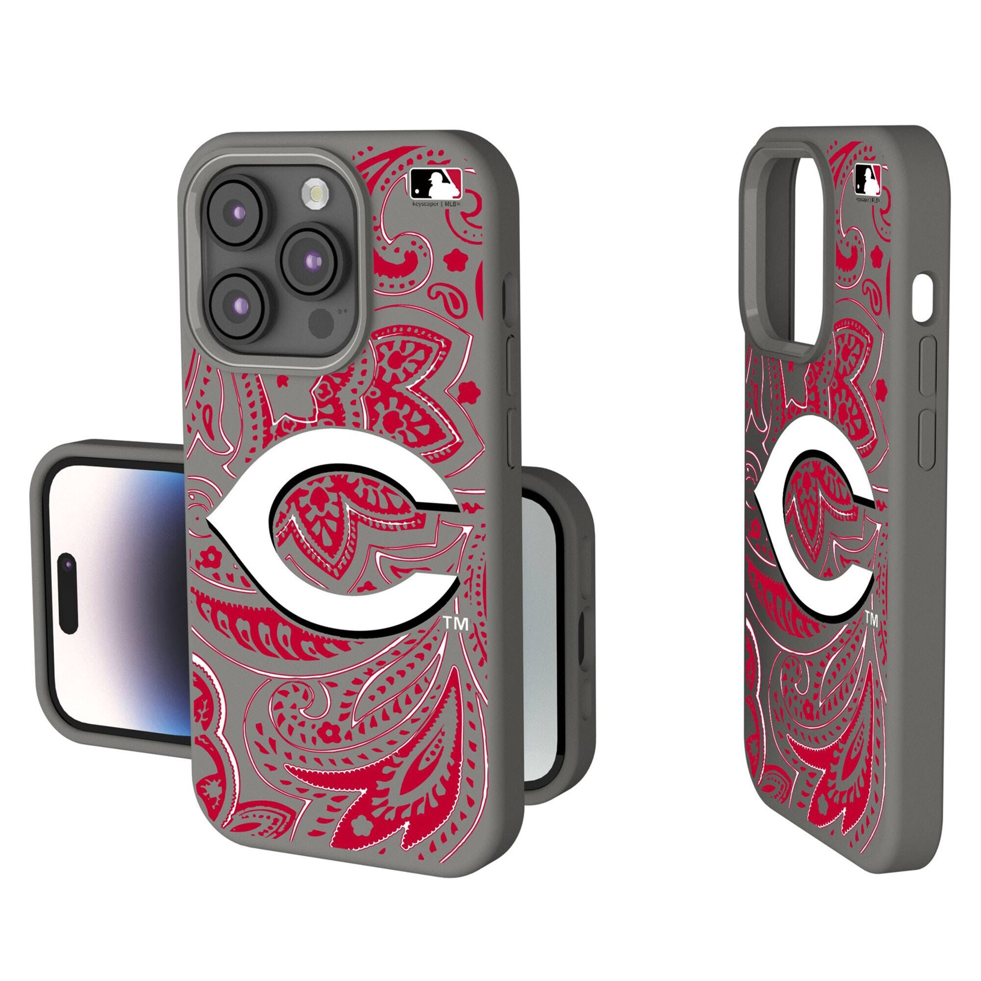 Front. Keyscaper - Cincinnati Reds Paisley iPhone Soft Touch Case - 14 Pro Max - Gray.