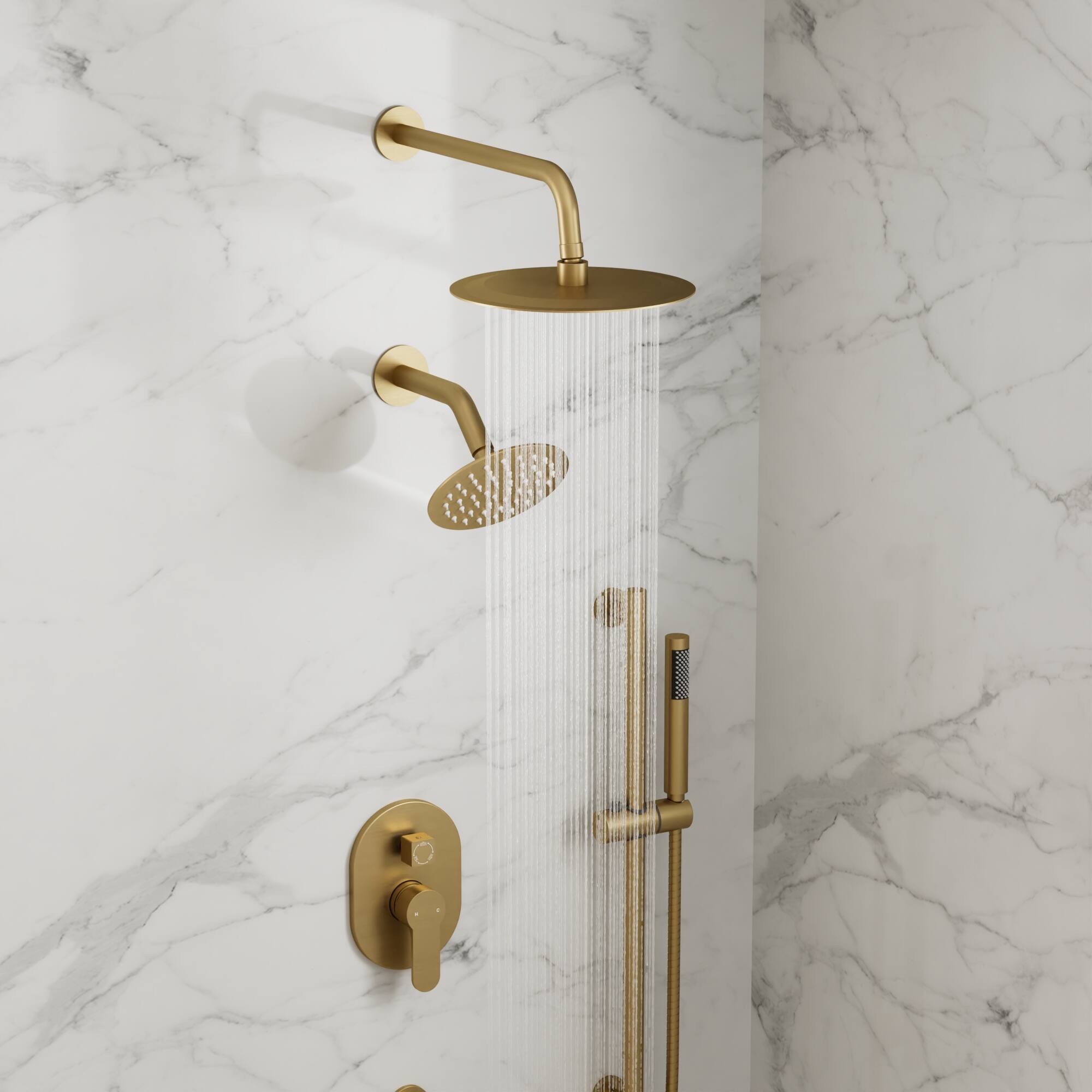 Alt View 9. GRANDJOY - Wall Mounted Shower System Set with 10" Rainfall Shower Head, Handheld Shower and Adjustable Slide Bar - Brushed Gold.