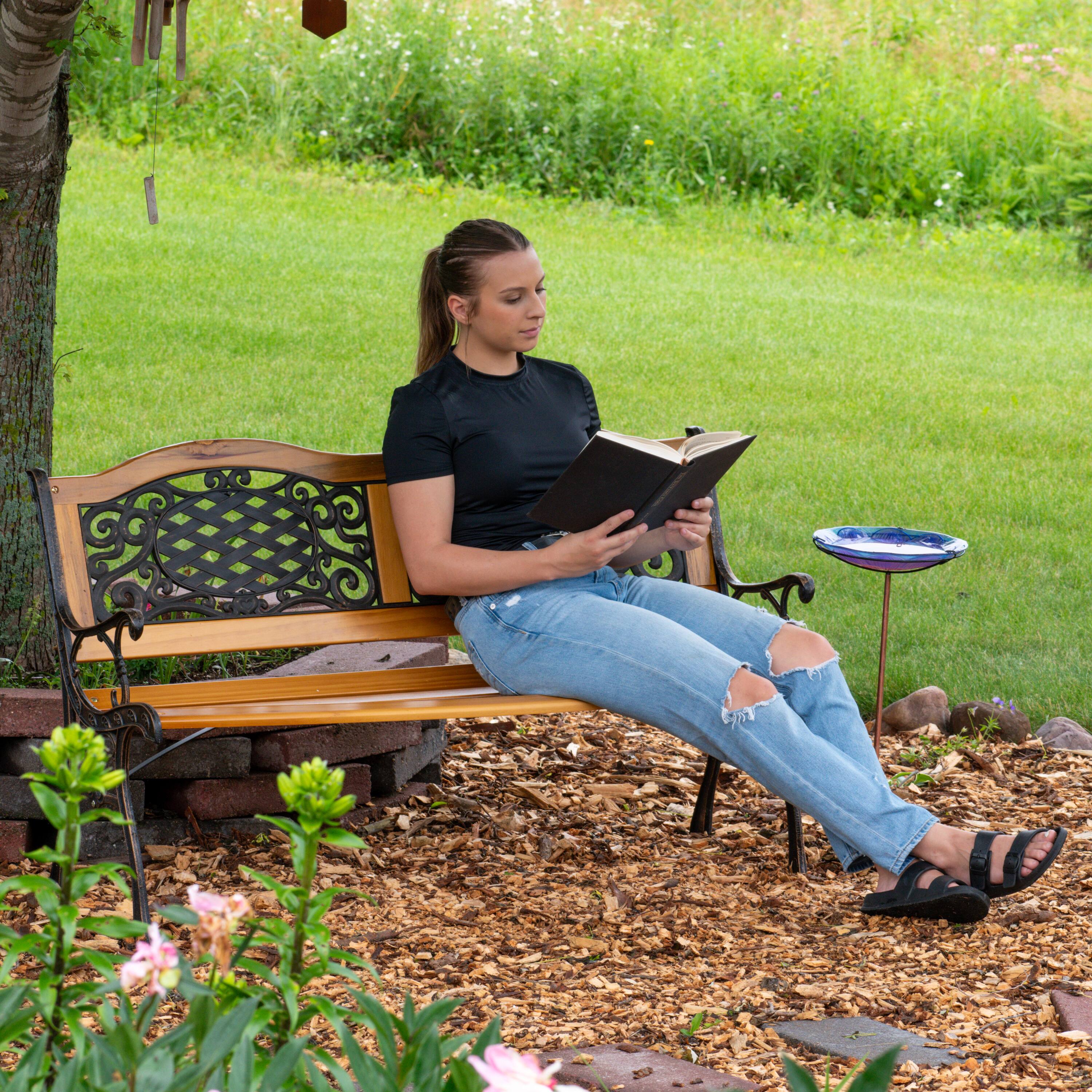 Alt View 7. Sunnydaze - 2-Person Ivy Crossweave Cast Iron and Wood Outdoor Garden Bench - Black.