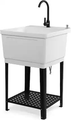 Winado - Plastic Utility Sink Freestanding Plastic Sink with Hot and Cold Water Faucet, Soap Dispenser for Basement Laundry Home - White