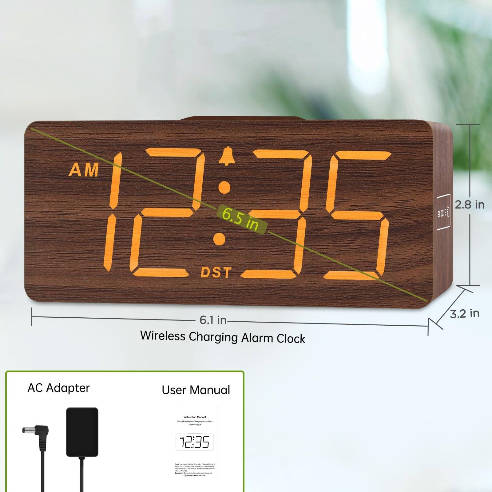 AM 2.8 in 1235 6.5 325 AA in DST 3.2 in 6.1 in Wireless Charging Alarm Clock AC Adapter User Manual