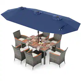 Gymax - 8-Piece Patio Dining Set w/ Double-Sided Market Umbrella Acacia Wood Top Navy - Blue