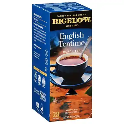 FAMILY TEA BLENDERS
BIGELOW
SINCE 1945
English Teatime
BLACK TEA
100% NATURAL
28 TEA BAGS
REMOVE FOR DISPENSER USE
NET WT 2.11 OZ (59g)