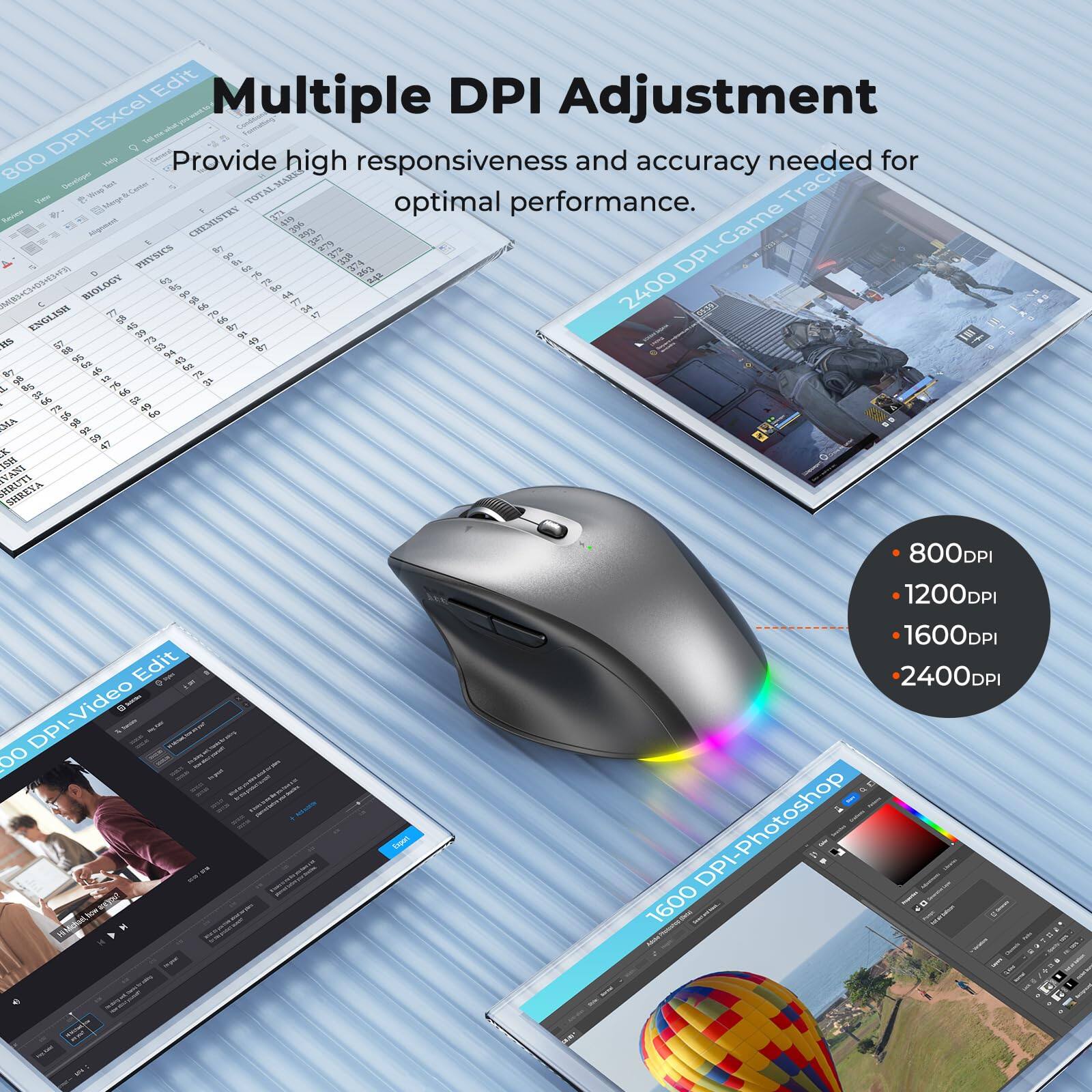 Multiple DPI Adjustment

Provide high responsiveness and accuracy needed for optimal performance.

800 DPI - Excel Edit
2400 DPI - Game Track
1600 DPI - Photoshop
1200 DPI - Video Edit

800 DPI
1200 DPI
1600 DPI
2400 DPI