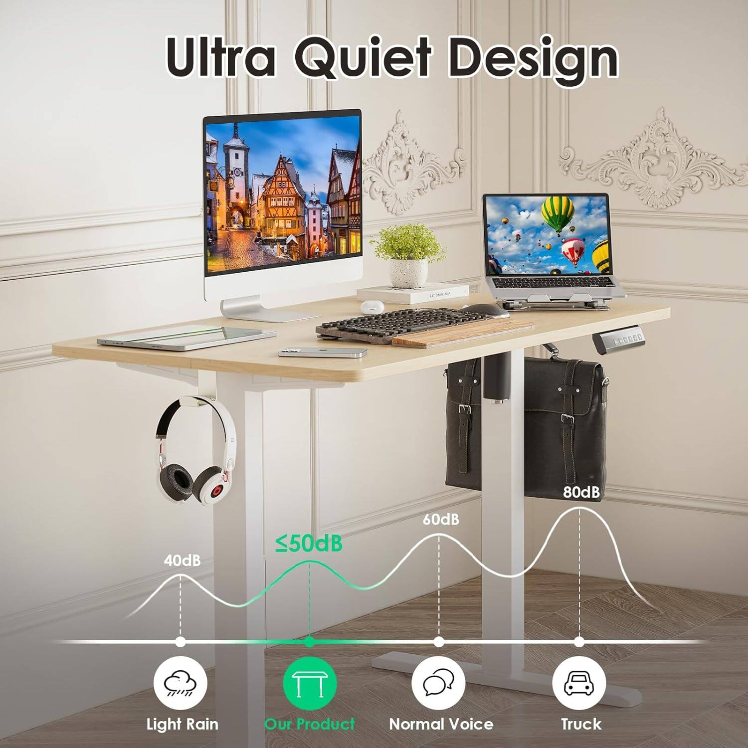 Ultra Quiet Design

- Light Rain: 40dB
- Our Product: ≤50dB
- Normal Voice: 60dB
- Truck: 80dB