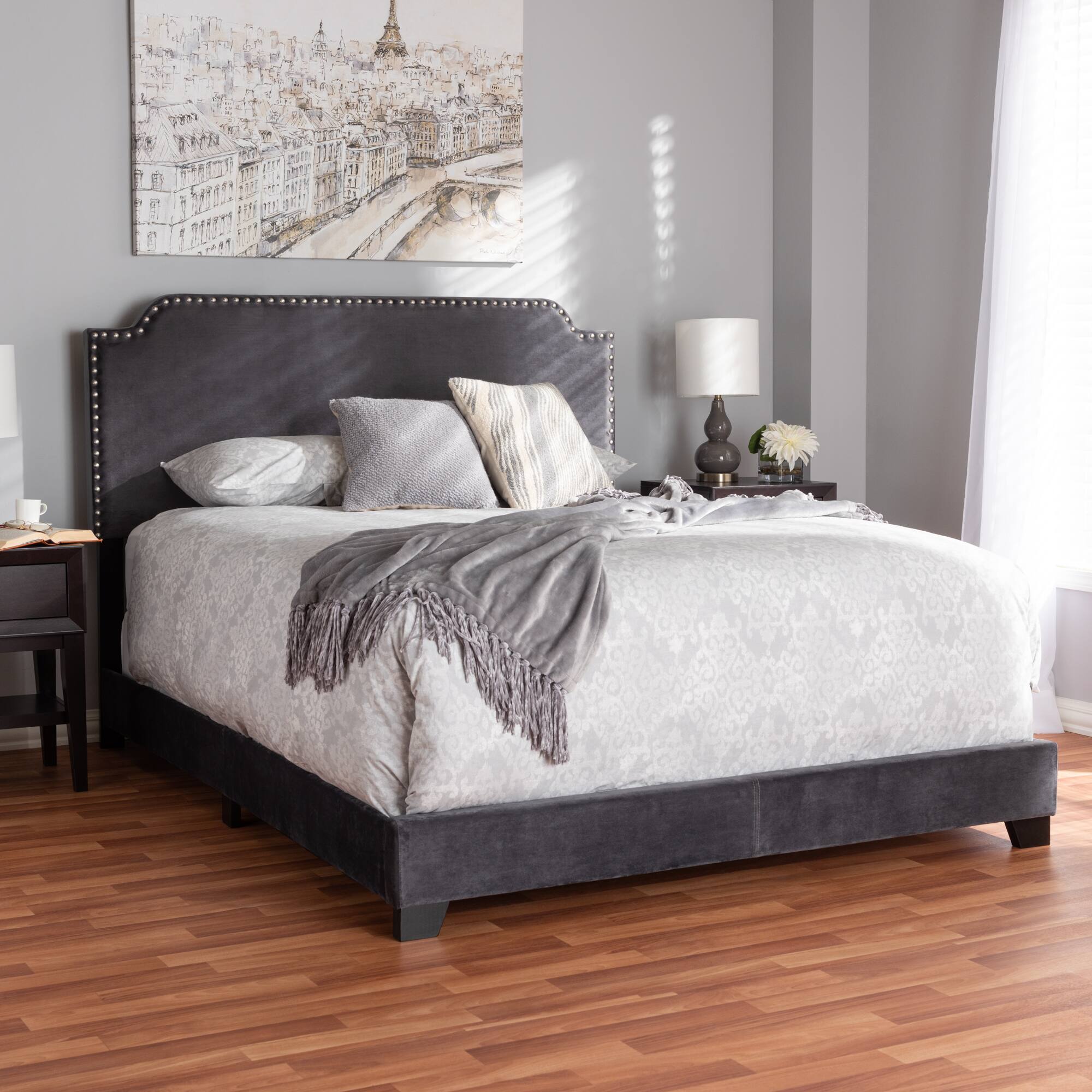 Alt View 2. Baxton Studio - Darcy Luxe and Glamour Velvet Upholstered Bed - Dark Grey.