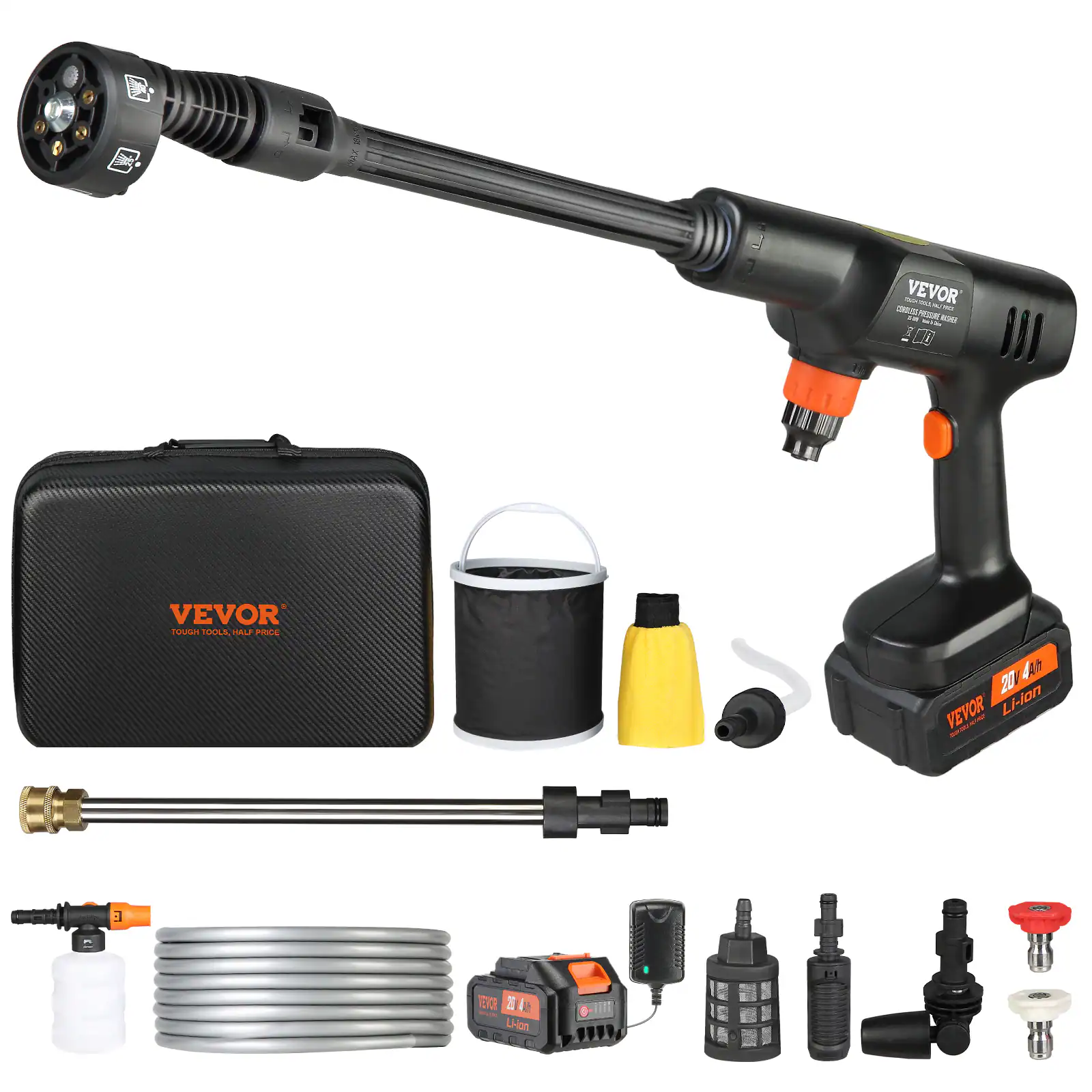 VEVOR - Cordless Pressure Washer, 652-PSI 1.0 GPM Portable Power Cleaner, Handheld Washer Gun with 4.0Ah Battery, 6-in-1 Nozzle - Black,Orange