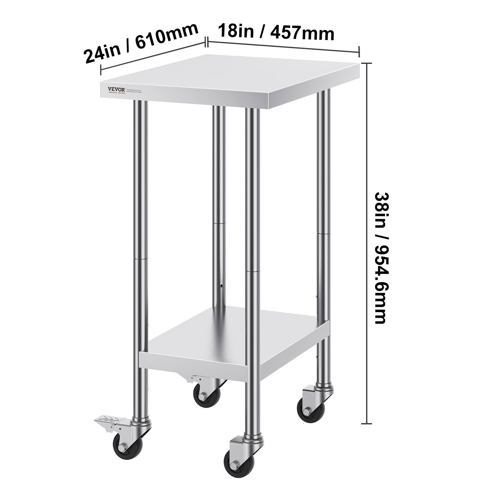 24in / 610mm, 18in / 457mm, 38in / 954.6mm