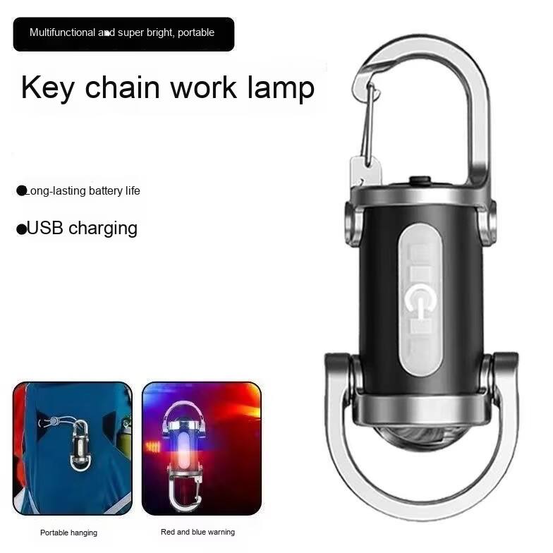Multifunctional and super bright, portable

Key chain work lamp

- Long-lasting battery life
- USB charging

Portable hanging

Red and blue warning