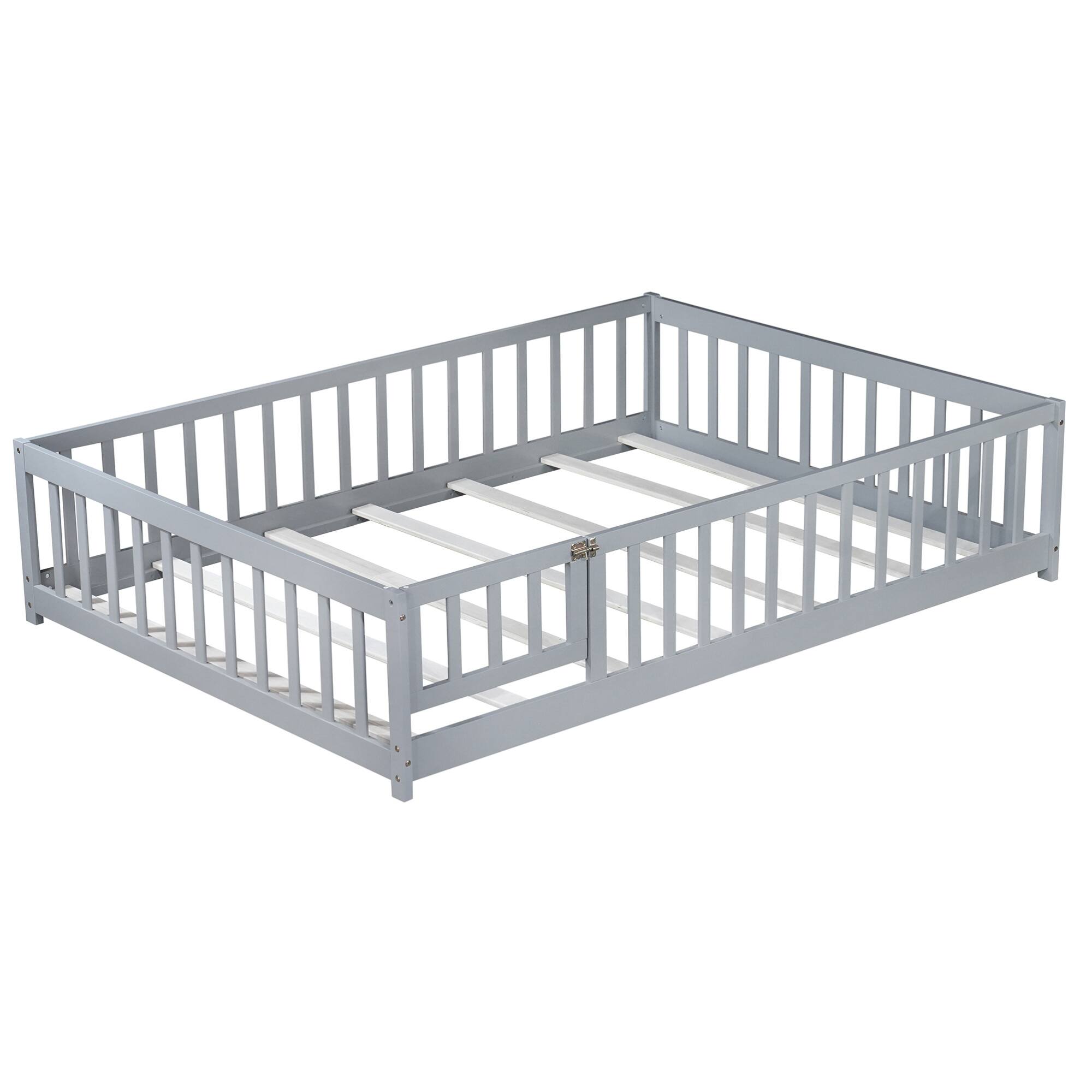 Alt View 7. GOODSILO - Full Size Low Profile Children's Floor Bed with Safety Guardrails and Entry Door, Solid Wood Construction - Grey.