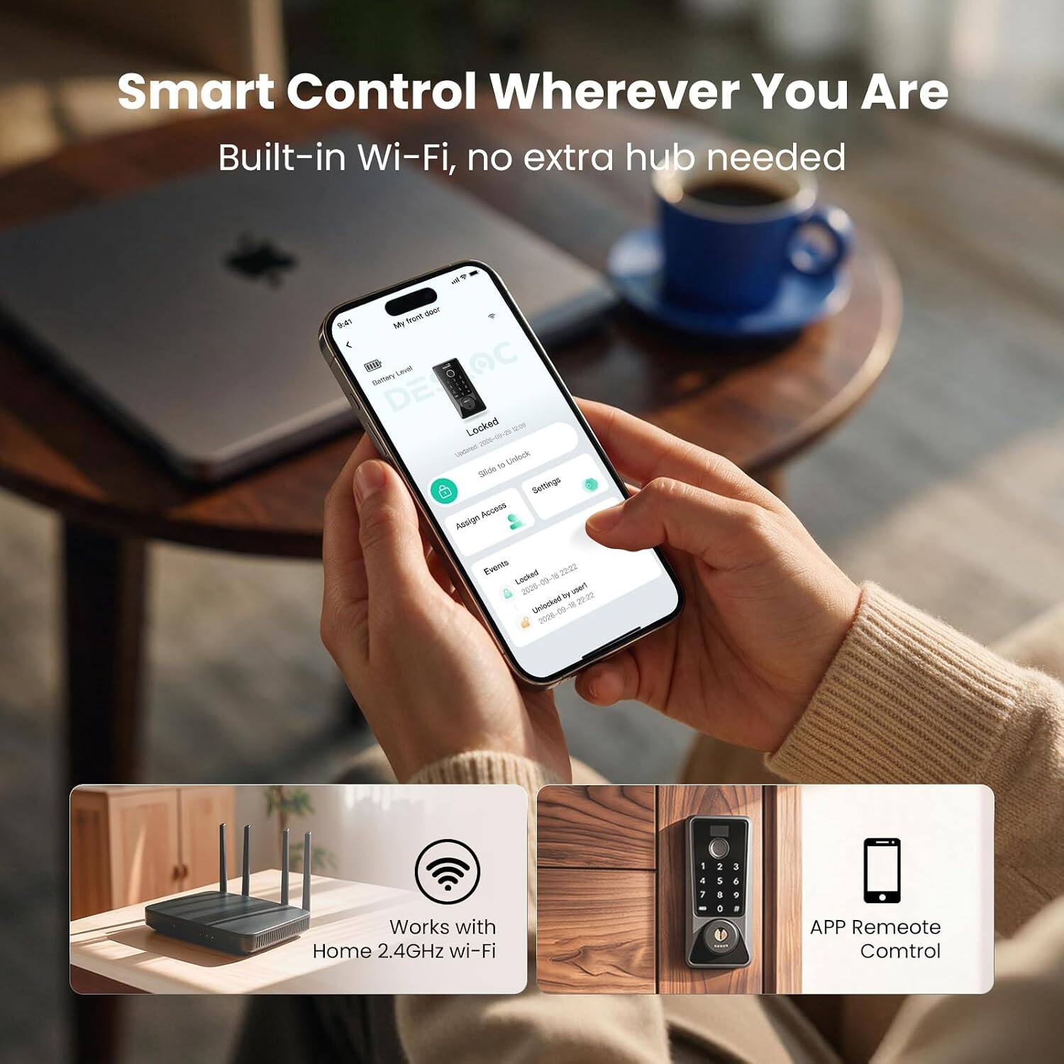 Smart Control Wherever You Are  
Built-in Wi-Fi, no extra hub needed  

from door 2:41  
My MM Level Battery DEMOC Locked - 2029-00-25 to Unlock Slide Settings Assign Access Events Locked 22.22 2026 08 user! by 22:22 Unlocked by of  

Works with Home 2.4GHz Wi-Fi  

APP Remote Control