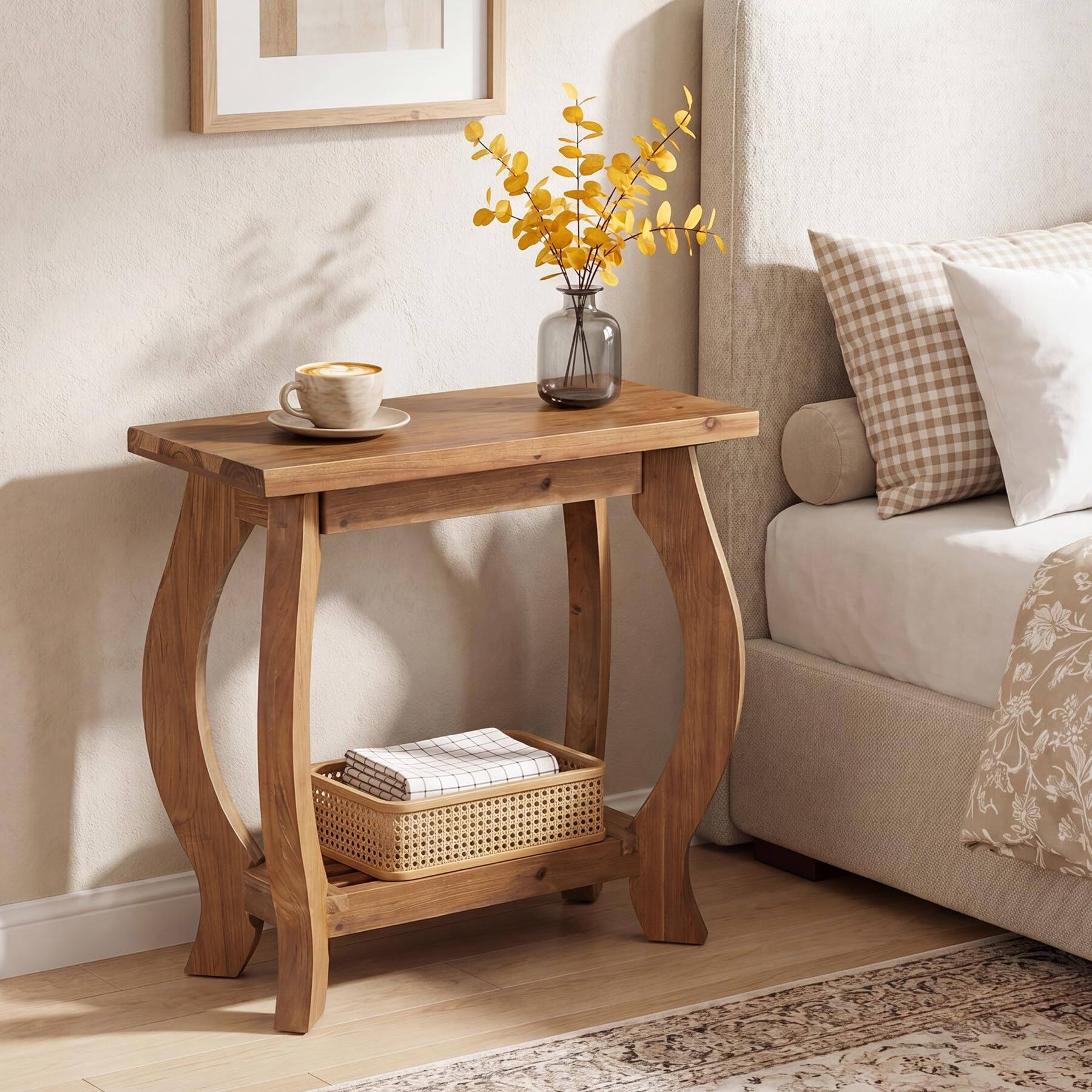 Alt View 4. Tribesigns - Solid Wood End Table Set of 2, 3-Drawer Narrow Side Table, Brown - Brown.