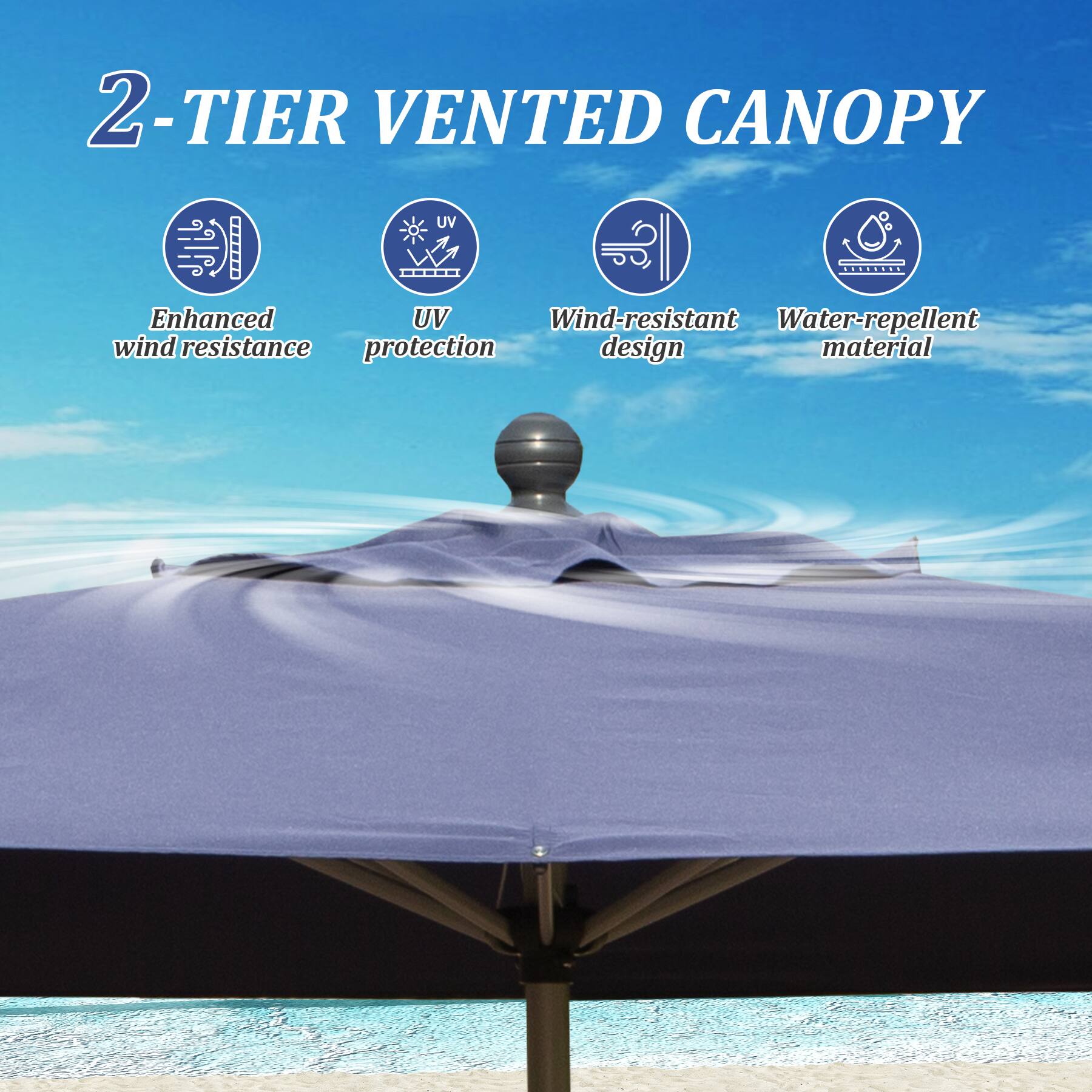 2-TIER VENTED CANOPY

- Enhanced wind resistance
- UV protection
- Wind-resistant design
- Water-repellent material