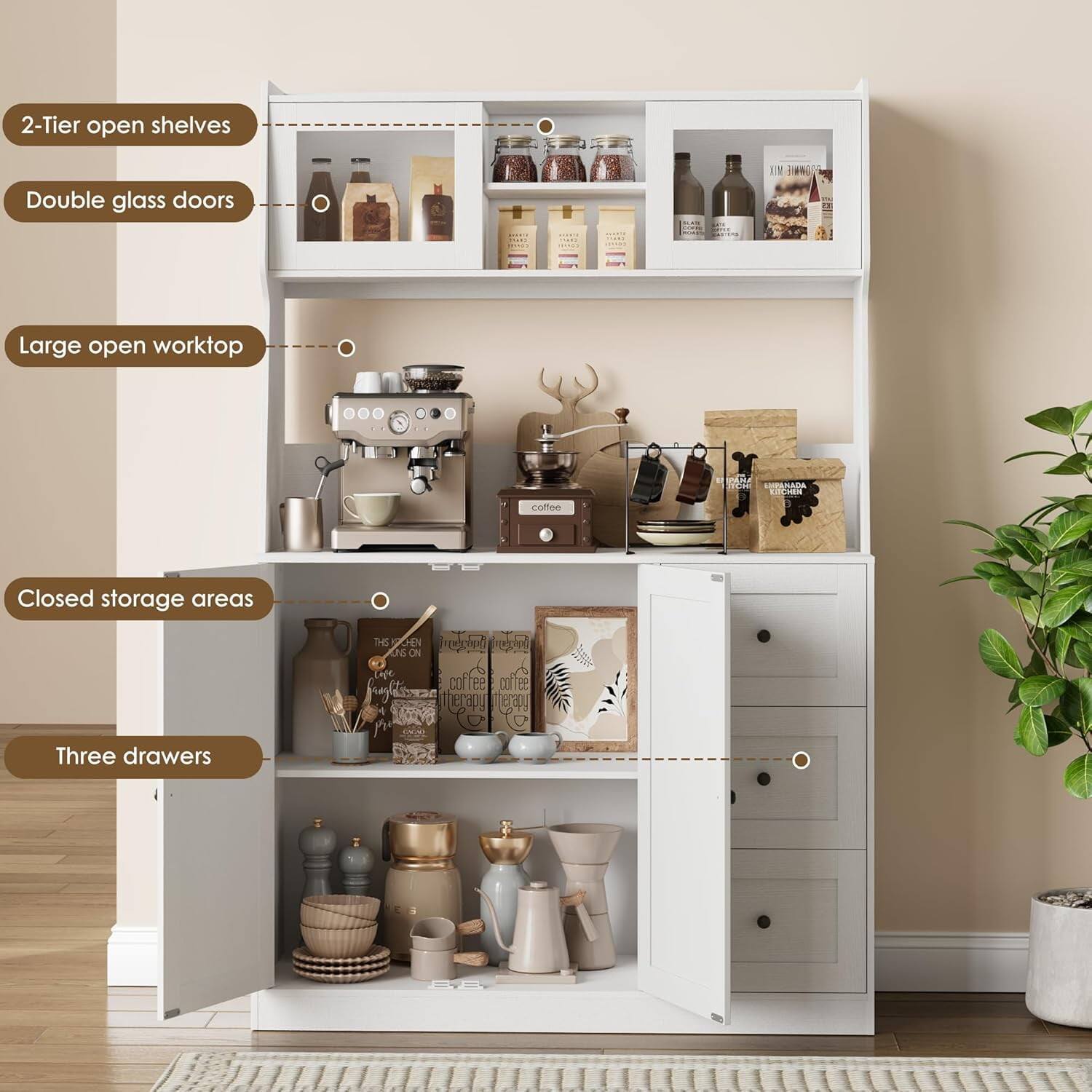 2-Tier open shelves  
Double glass doors  
Large open worktop  
Closed storage areas  
Three drawers