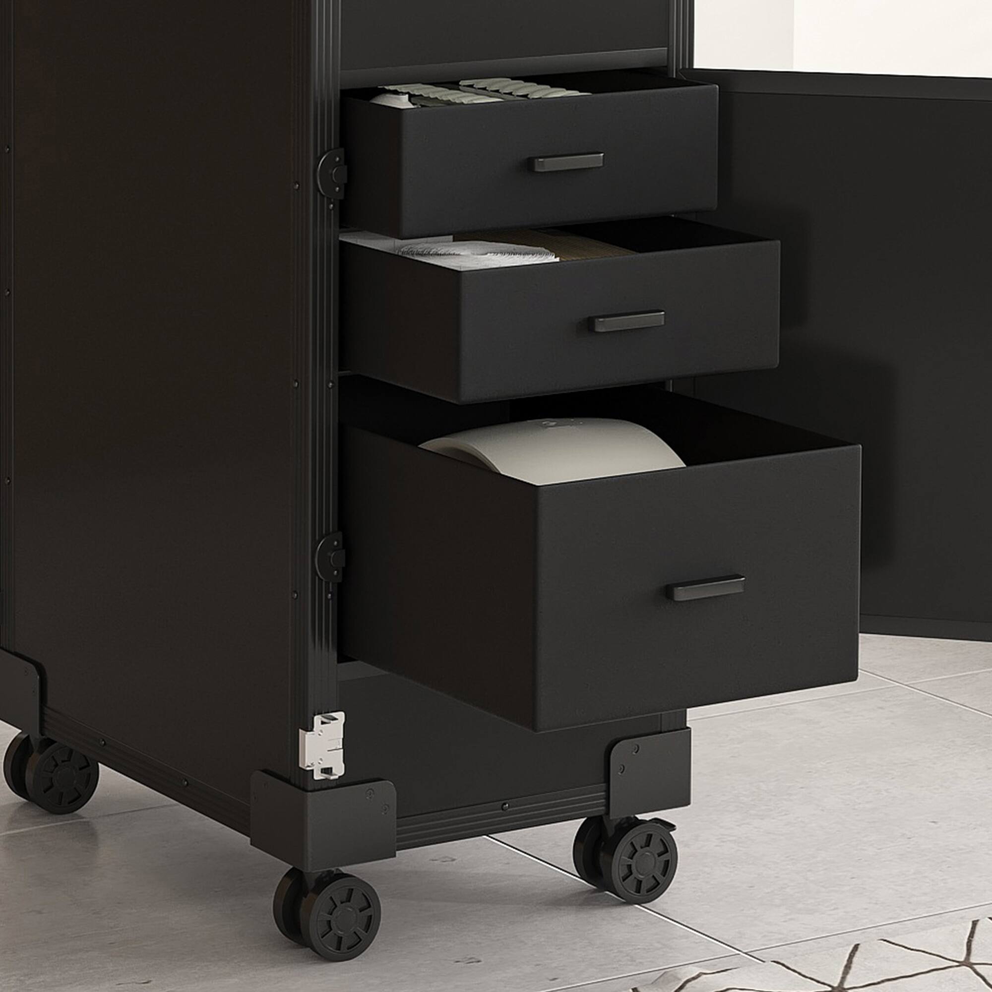 Alt View 5. GOODSILO - Professional Folding Nail Art Table with LED Mirror Bluetooth Speaker Lockable Drawers Telescopic Pole Salon Station - Black.