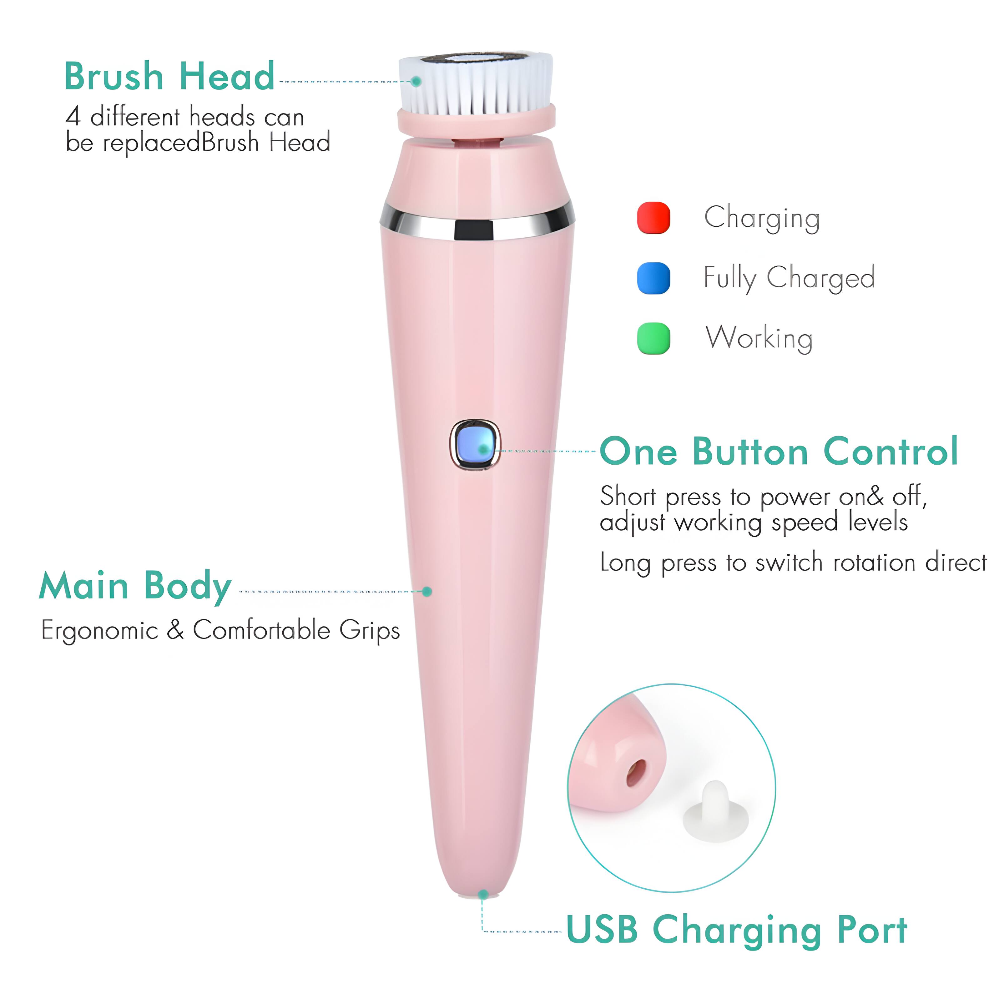 Brush Head: 4 different heads can be replaced

Main Body: Ergonomic & Comfortable Grips

One Button Control: Short press to power on & off, adjust working speed levels. Long press to switch rotation direction

USB Charging Port