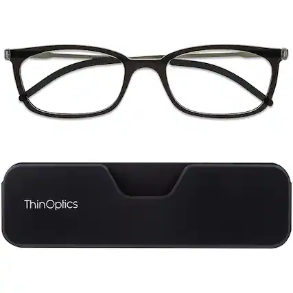 Front. ThinOptics - ThinOptics Connect Reading Glasses with Black Full Frame Pod - +2.00 - Black - Black.