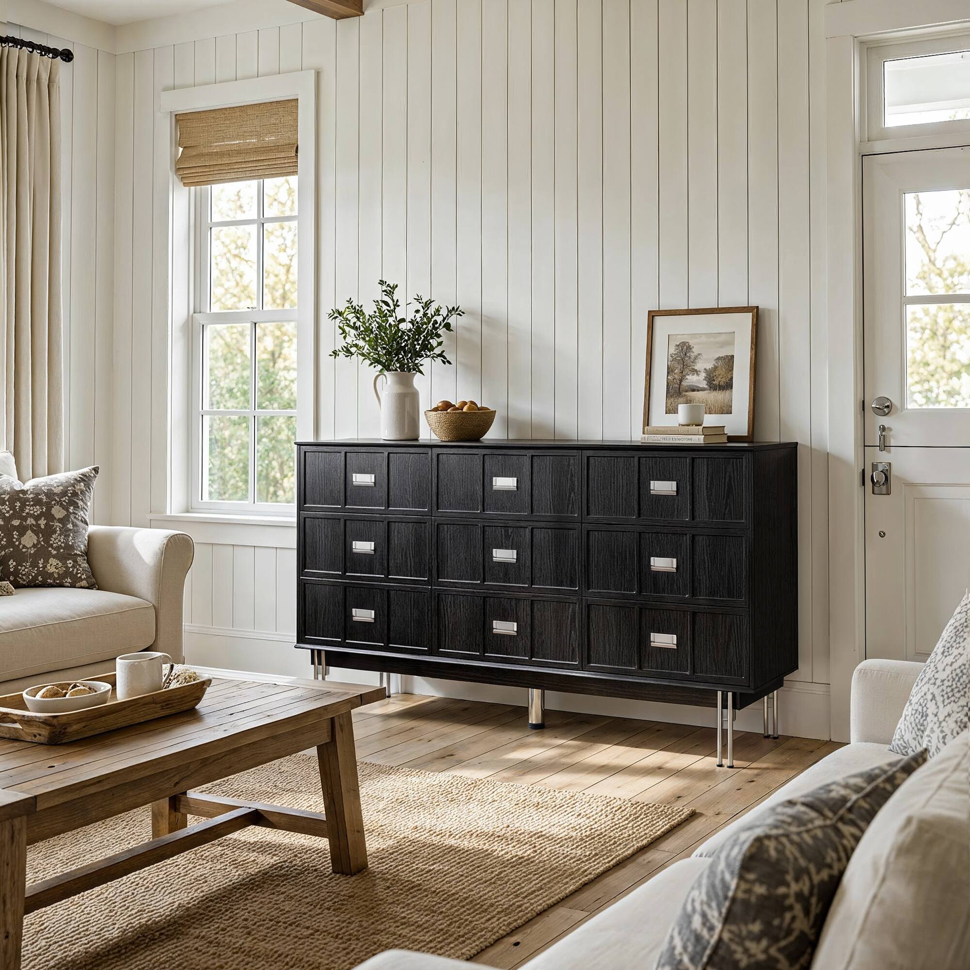 Alt View 2. FUFU & GAGA - Vintage Card Catalog 9 Drawer Dresser - Industrial Storage Cabinet with Silver Metal Handles for Bedroom, Living Room - Black.