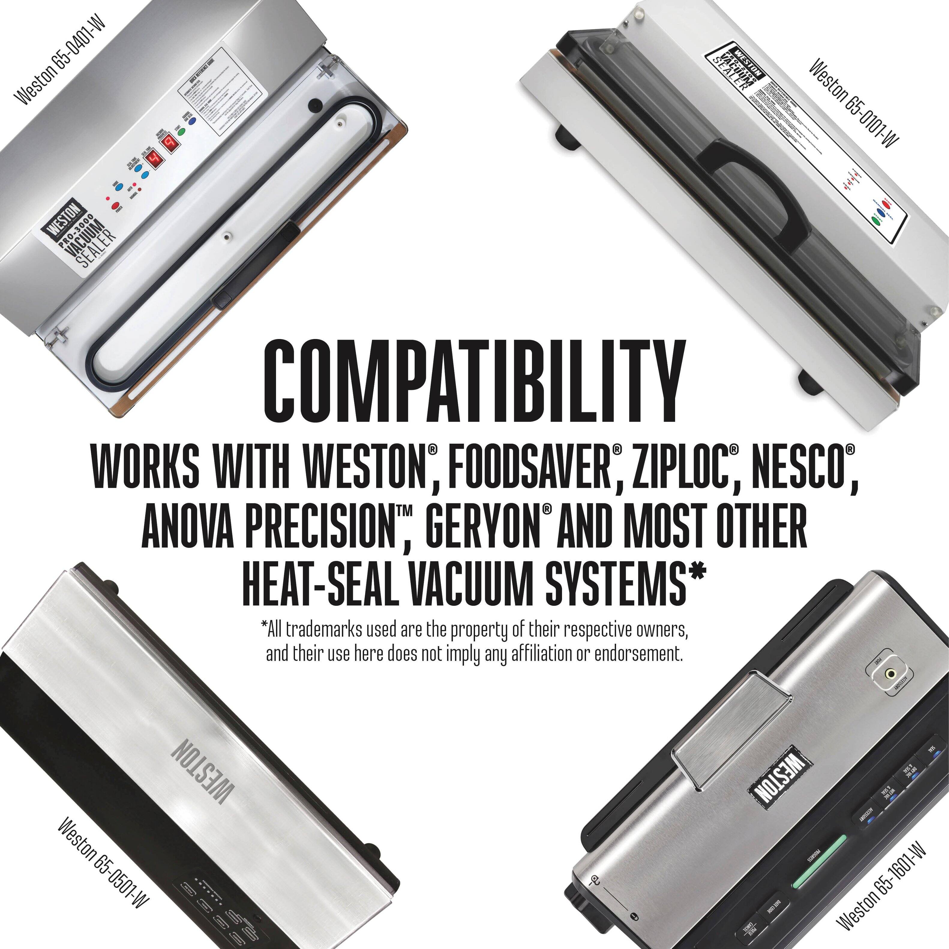 - Weston 65-0401-W
- WESTON VACUUM SEALER
- WESTON 65
- WESTON M 1601 65
- WESTON 65-0101-W
- WESTON 65-0501-W
- WESTON 65-0601-W

COMPATIBILITY
WORKS WITH WESTON®, FOODSAVER®, ZIPLOC®, NESCO®, ANOVA PRECISION™, GERYON® AND MOST OTHER HEAT-SEAL VACUUM SYSTEMS*

*All trademarks used are the property of their respective owners, and their use here does not imply any affiliation or endorsement.