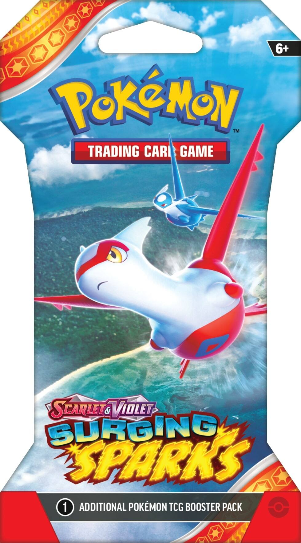 The text on the image is: "6+ PoKMON TM TRADING CARI GAME SCARLET & VIOLET SURGING SPARKS 1 ADDITIONAL POKMON TCG BOOSTER PACK".