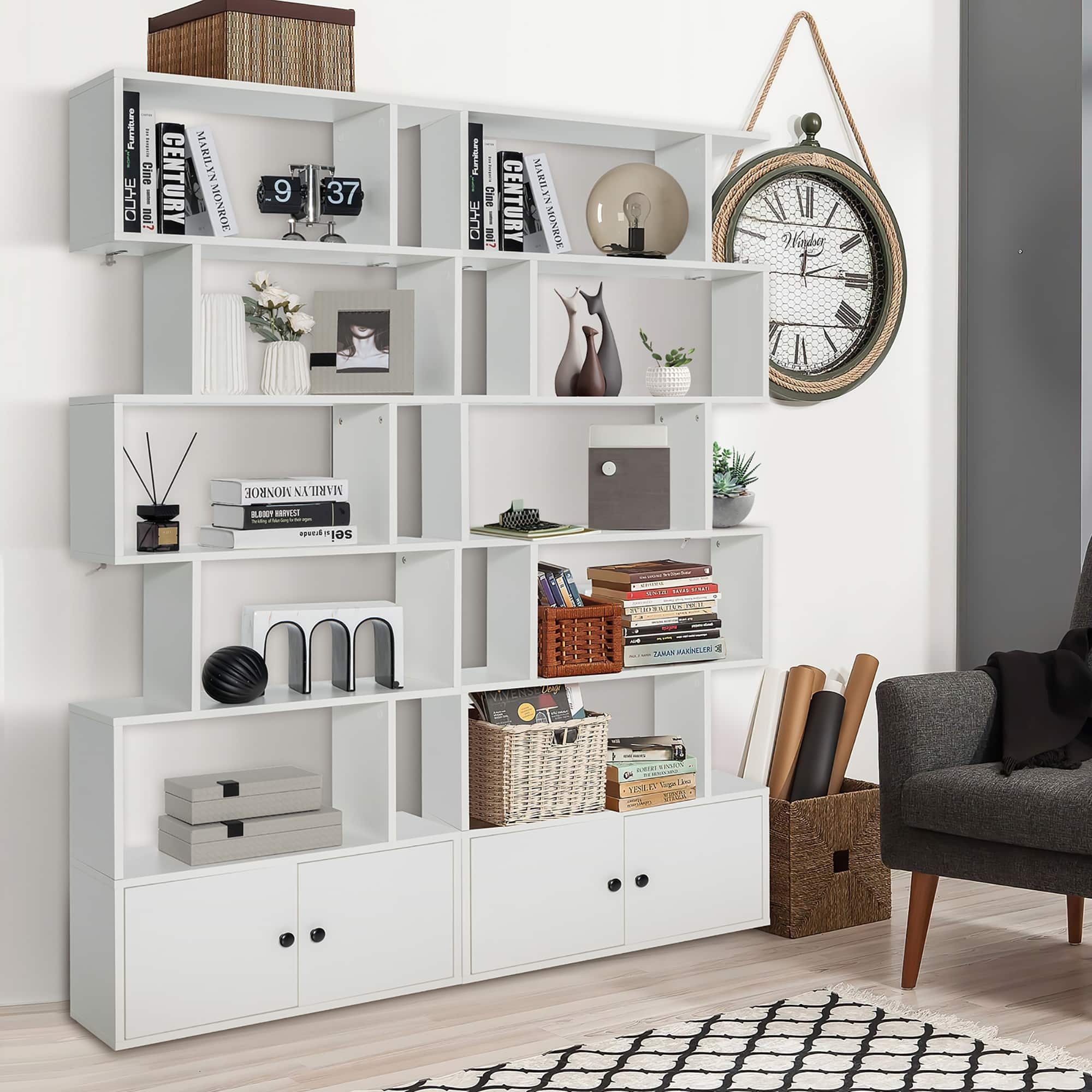 Gymax - 2PCS 6-tier Geometric Bookcase S-shaped Z-shelf Bookshelf Cabinet w/ Doors - White