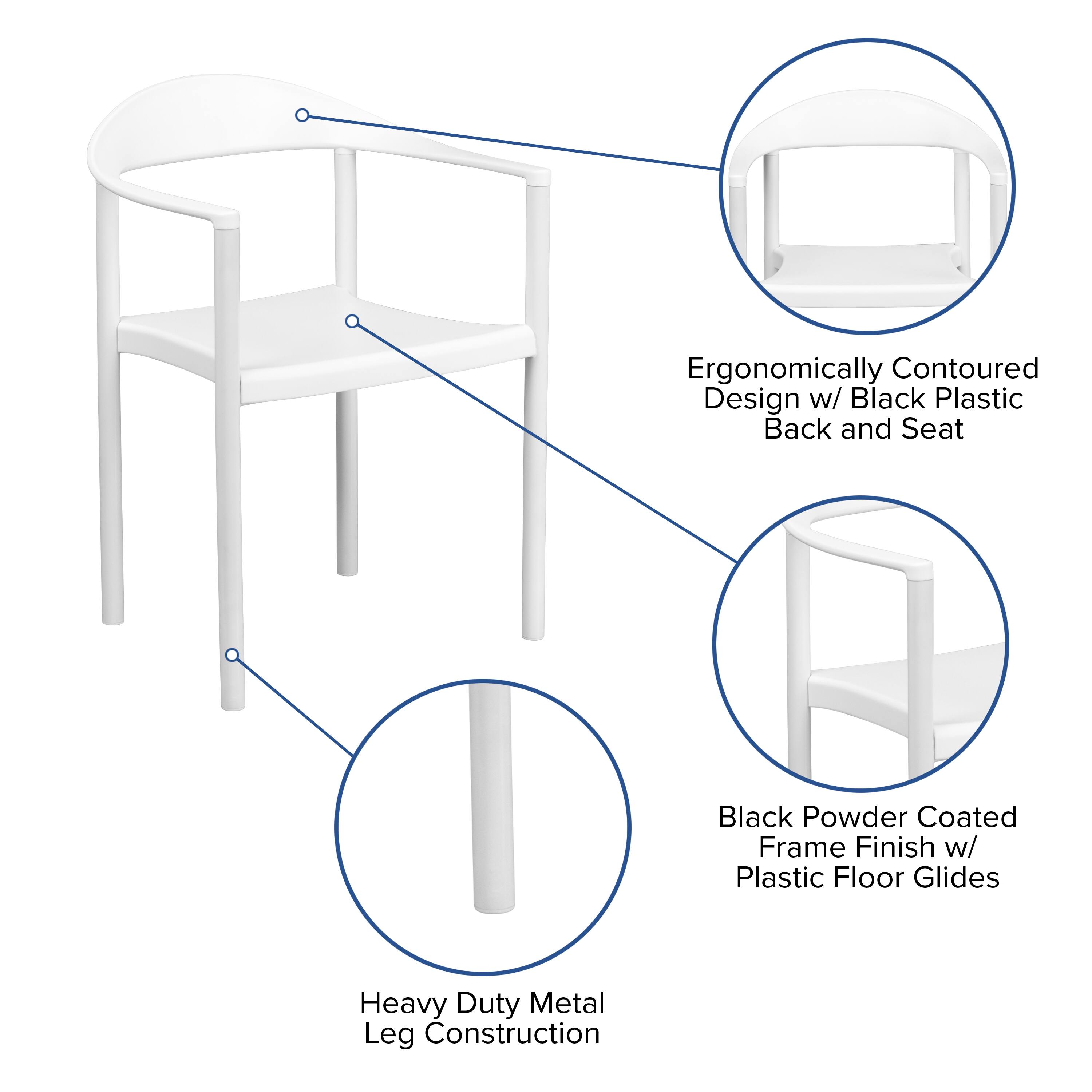 Ergonomically Contoured Design w/ Black Plastic Back and Seat  
Black Powder Coated Frame Finish w/ Plastic Floor Glides  
Heavy Duty Metal Leg Construction