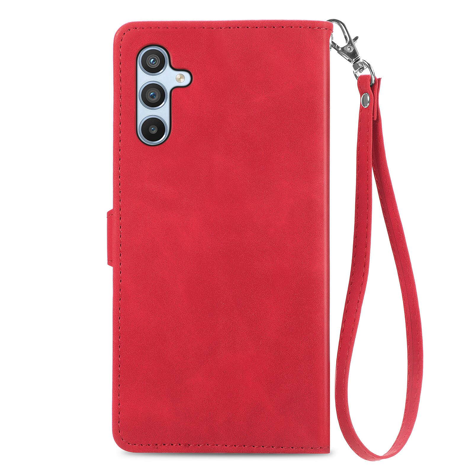 Back. Dteck - Dteck Magnetic Zipper Wallet Case for Samsung Galaxy A16 5G, Shockproof PU Leather Folio Card Wrist Strap Cover - Red.