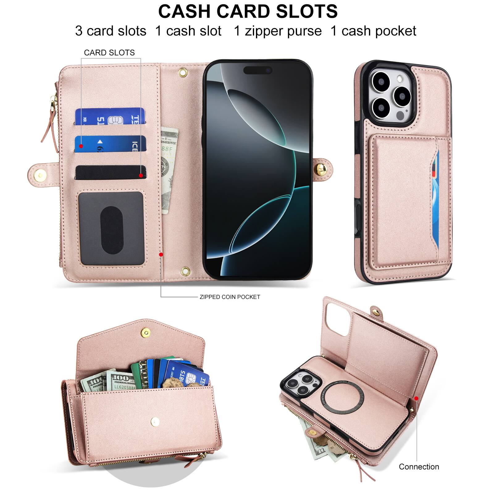 CASH CARD SLOTS  
3 card slots  
1 cash slot  
1 zipper purse  
1 cash pocket  

CARD SLOTS  

ZIPPED COIN POCKET  

Connection