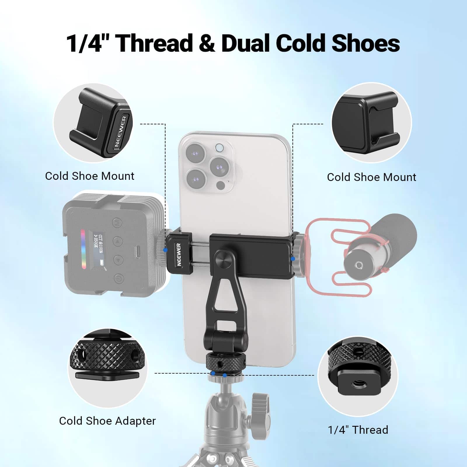Neewer Metal Phone Tripod Mount with Cold Shoes 360° Rotating