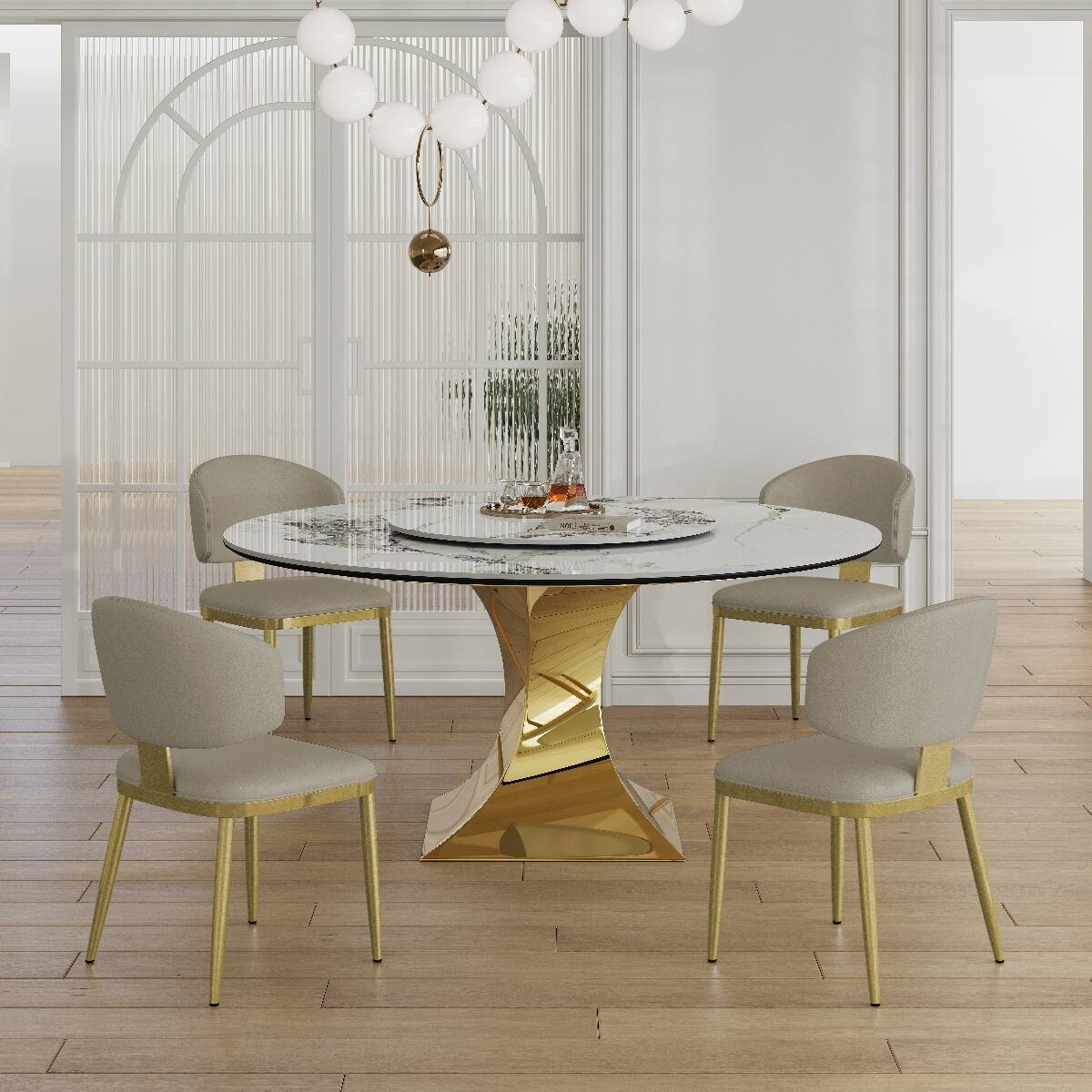 Alt View 8. Loheer - Loheer Sintered Stone Dining Table, 59-Inch Round Table with Gold Stainless Steel Hourglass Base - Gold and White.