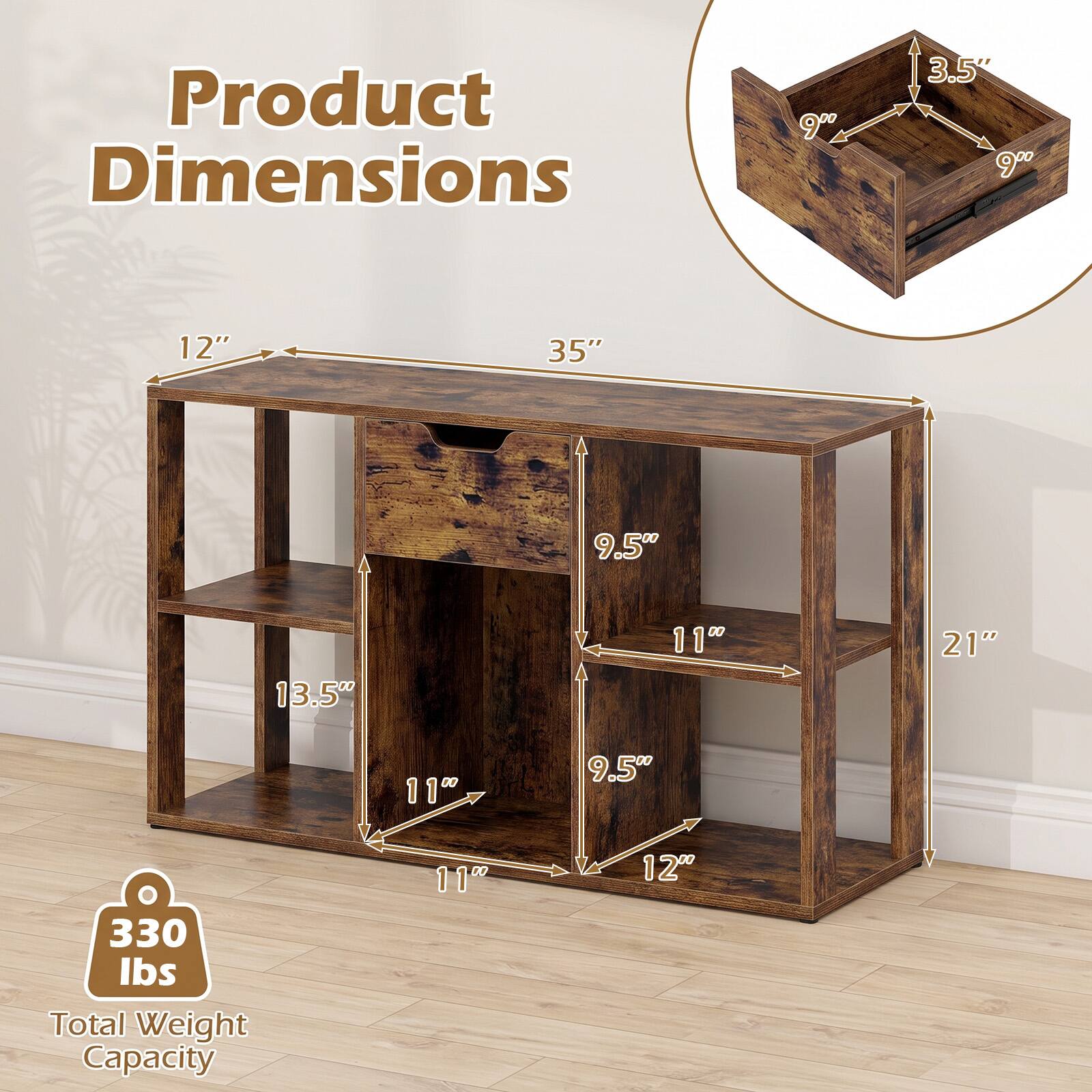 Product Dimensions

- 9"
- 3.5" 
- 9"
- 12"
- 35"
- 9.5"
- 13.5"
- 11"
- 21"
- 11"
- 9.5"
- 12"

330 lbs Total Weight Capacity