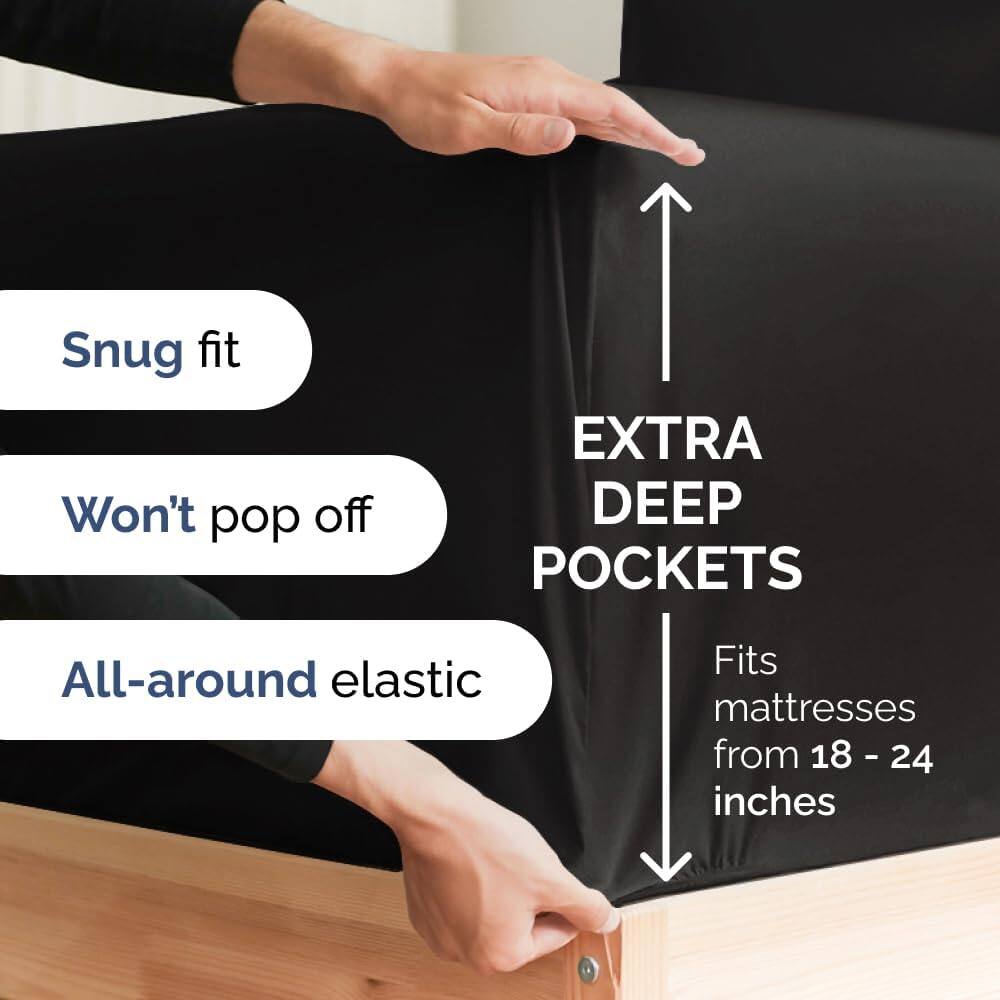 Snug fit  
Won't pop off  
EXTRA DEEP POCKETS  
All-around elastic  
Fits mattresses from 18 - 24 inches