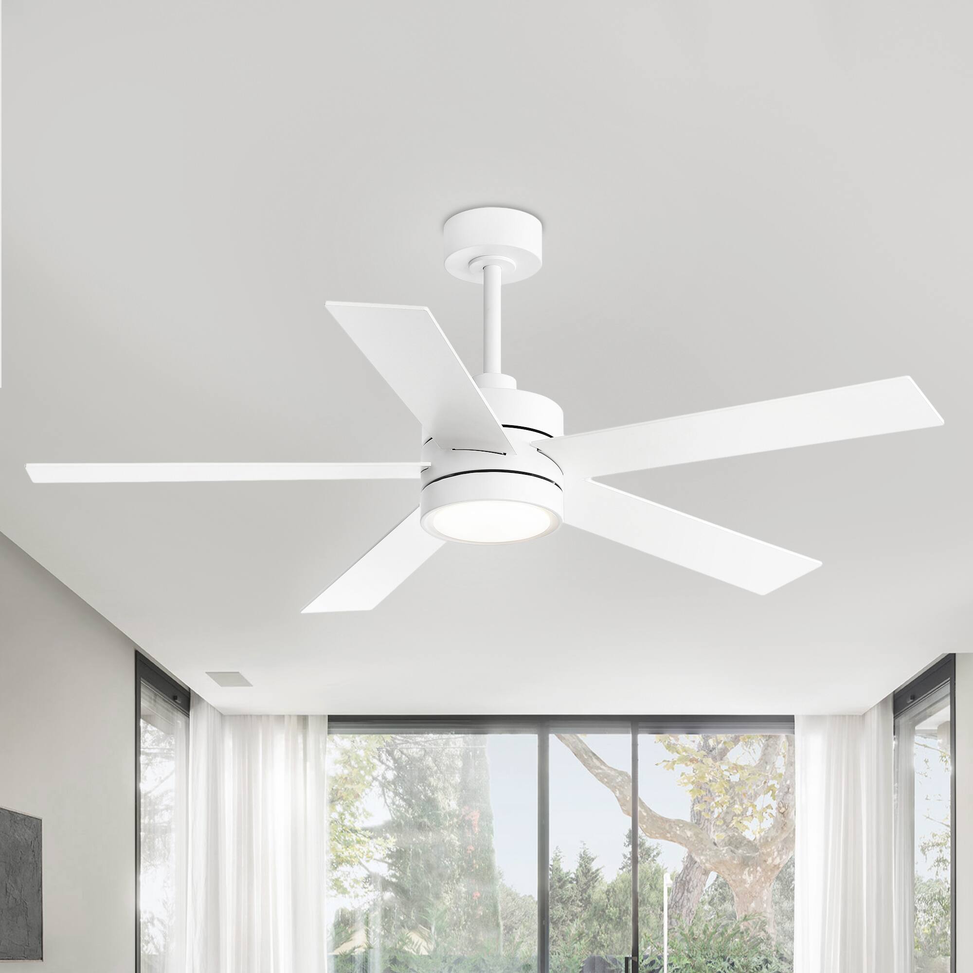 Back. Breezary - 52-In Indoor Ceiling Fan with Led Light, 5 Plywood Blades, 6-Speed DC Motor, Remote, Timer with Memory, 5/10'' Downrods - White.