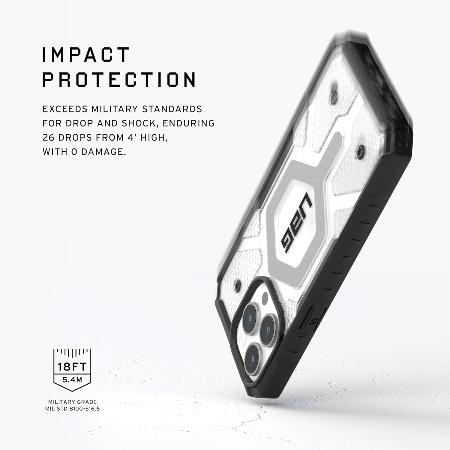 IMPACT PROTECTION

EXCEEDS MILITARY STANDARDS FOR DROP AND SHOCK, ENDURING 26 DROPS FROM 4' HIGH, WITH 0 DAMAGE.

18FT 5.4M

MILITARY GRADE MIL STD 810G-516.6