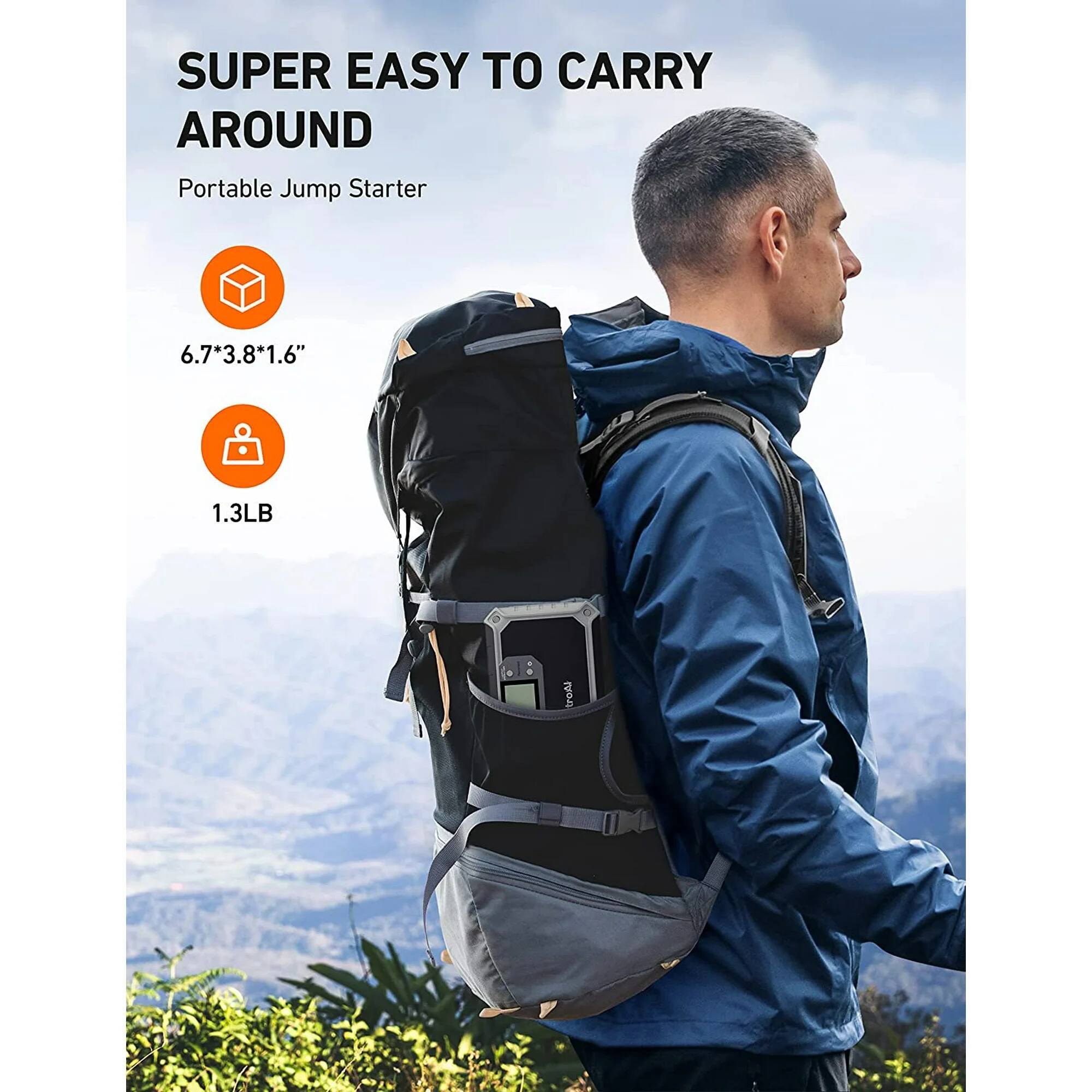 SUPER EASY TO CARRY AROUND  
Portable Jump Starter  

6.7*3.8*1.6"  
1.3LB