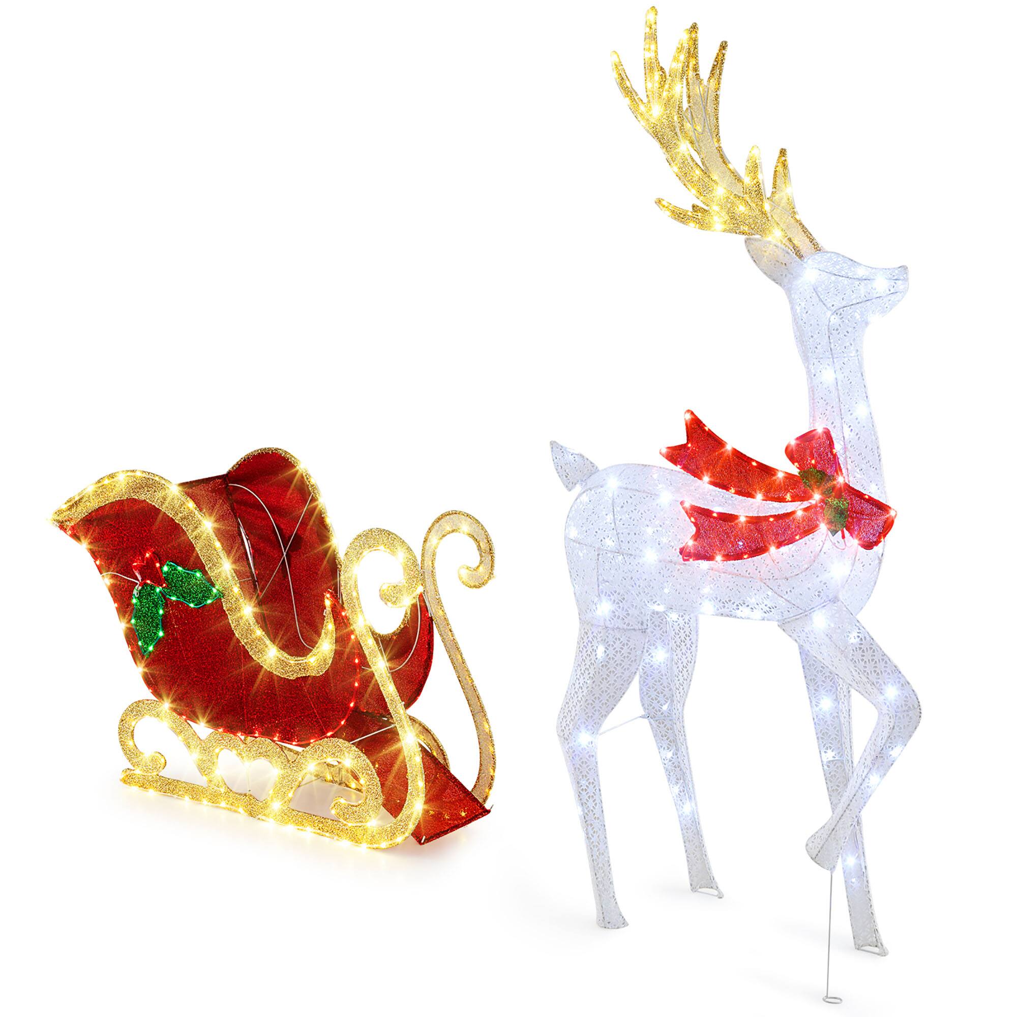 Alt View 8. Gymax - Gymax Lighted Christmas Reindeer & Sleigh Set Light-up Xmas Decorations w/462 LED - White, Red, Green.